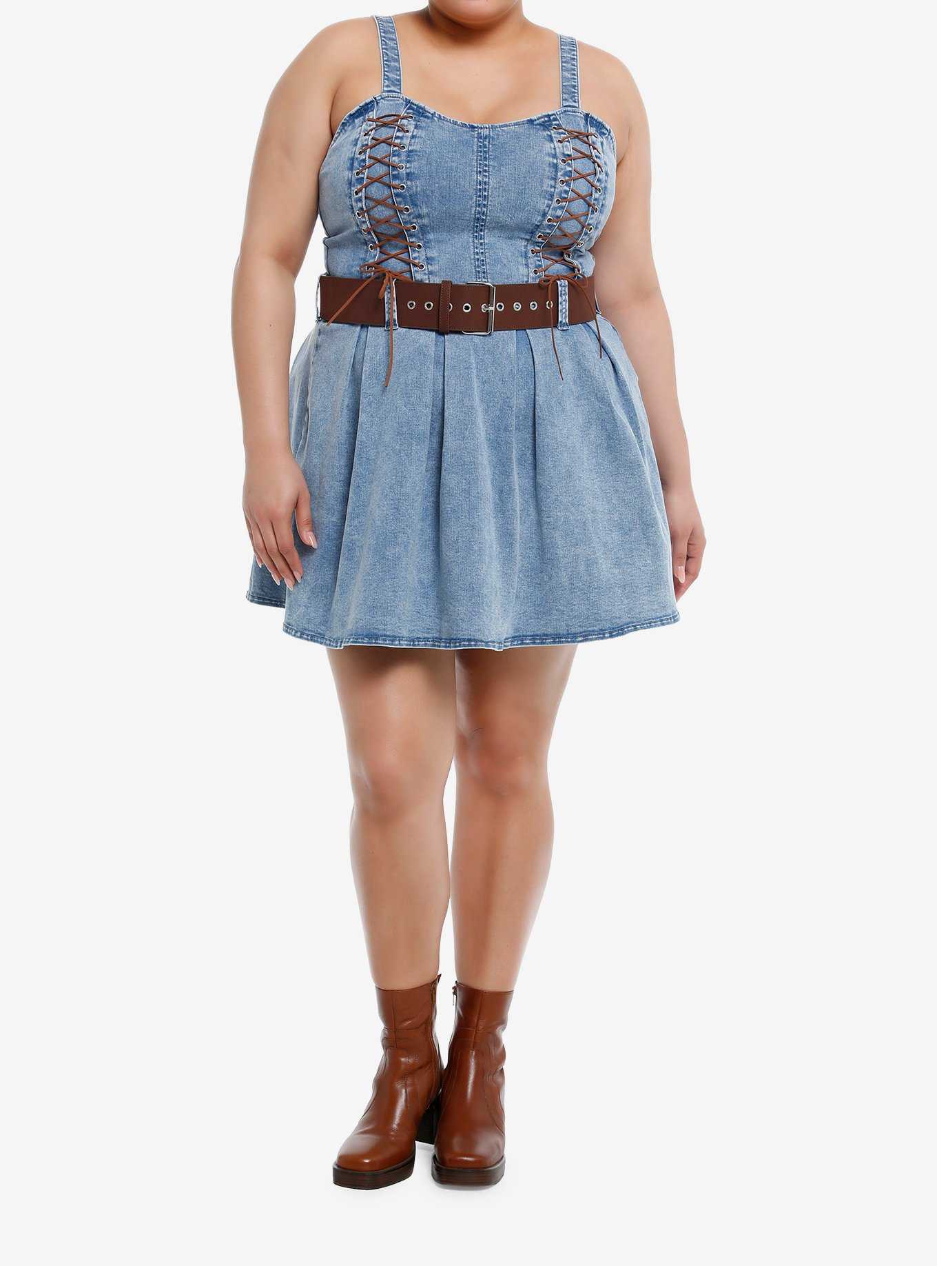 Sweet Society® Brown Lace-Up Belted Denim Dress Plus Size, , hi-res