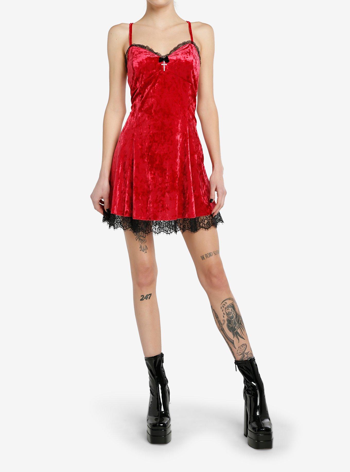 Social Collision Red Velvet Lace Slip Dress, , hi-res