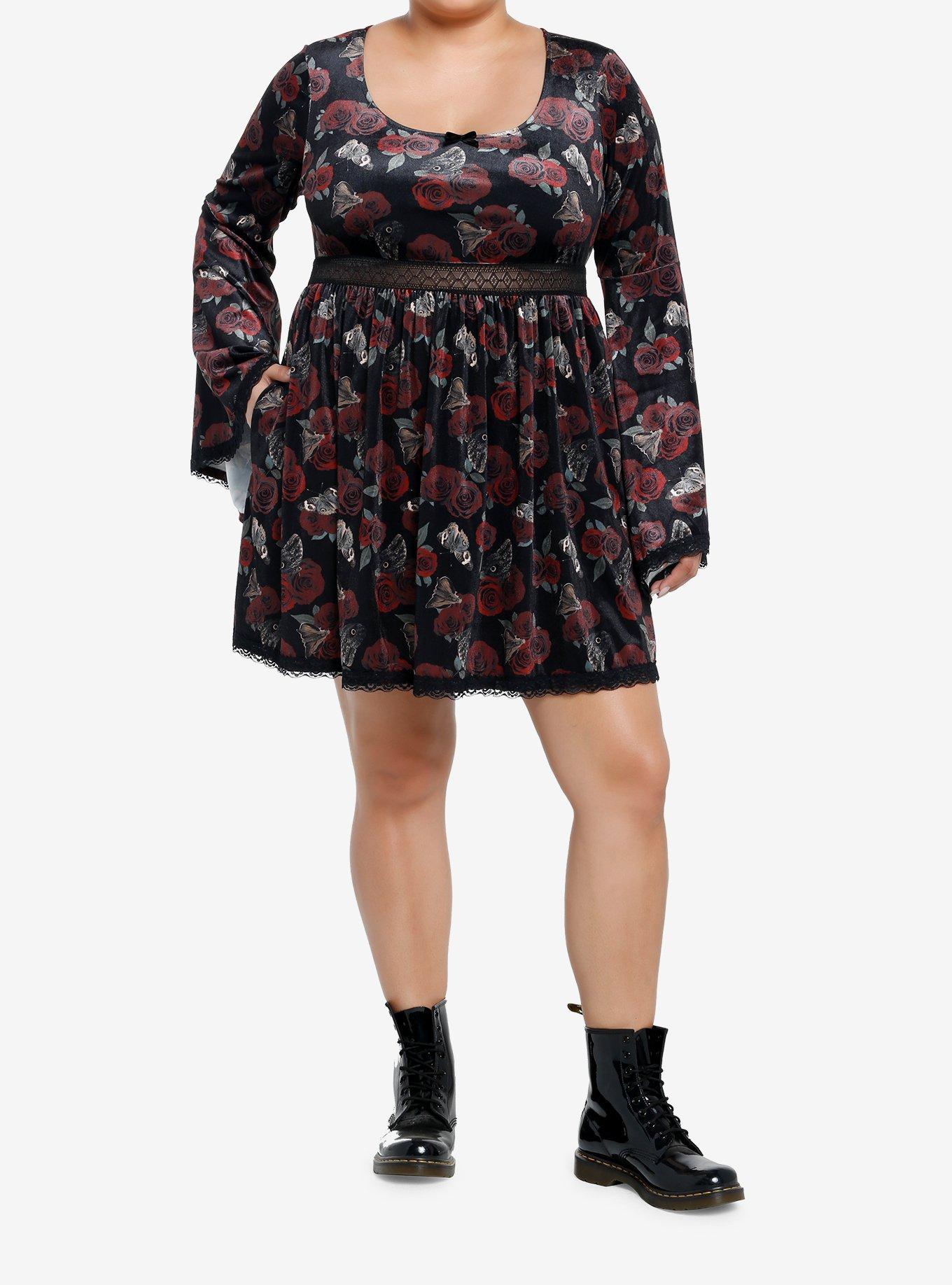 Thorn & Fable Rose Moth Velvet Bell Sleeve Dress Plus Size, RED, alternate