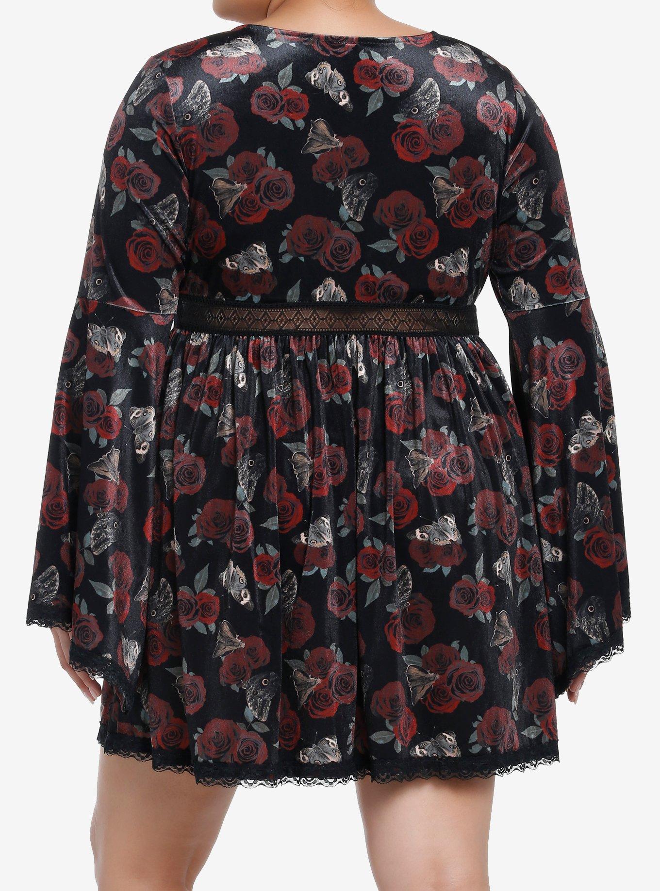 Thorn & Fable Rose Moth Velvet Bell Sleeve Dress Plus Size, RED, alternate