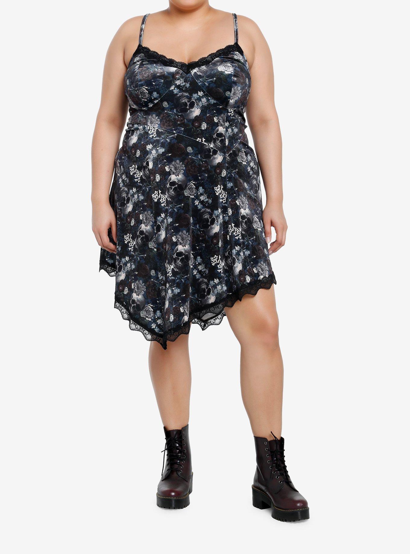 Thorn & Fable Floral Skulls Asymmetrical Dress Plus Size, PURPLE, alternate