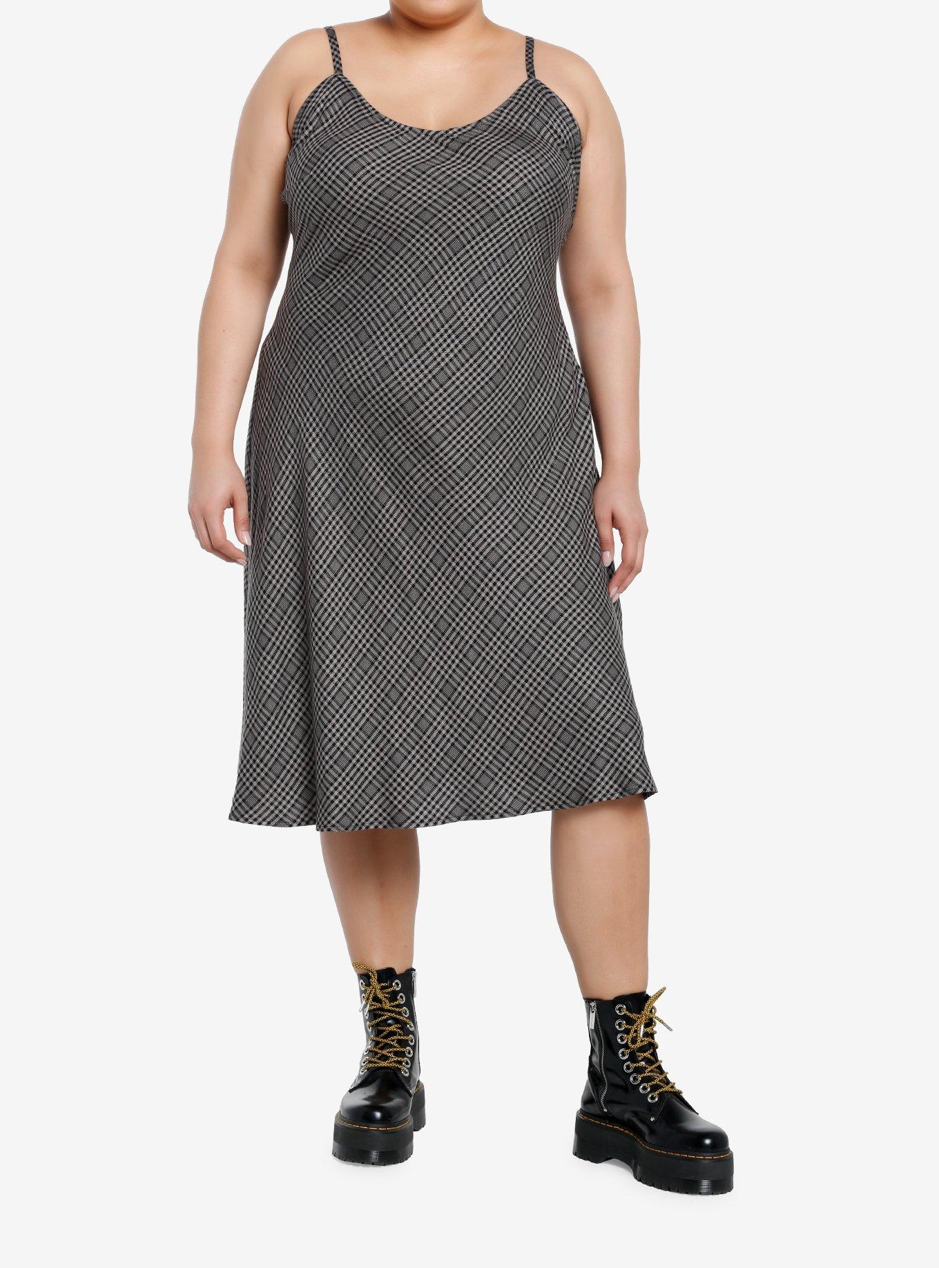 Social Collision Grey Plaid Midi Slip Dress Plus Size, , hi-res