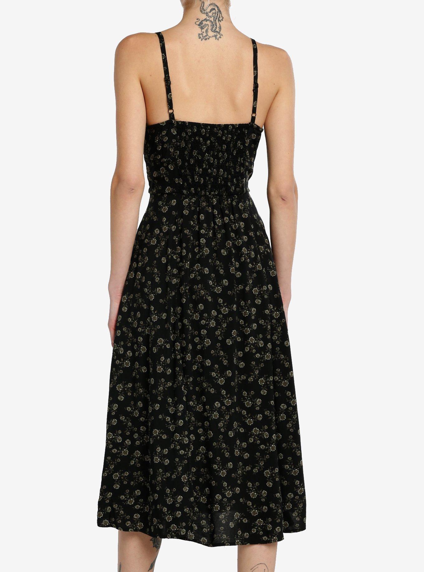 Thorn & Fable Black & Green Floral Midi Dress, GREEN, alternate
