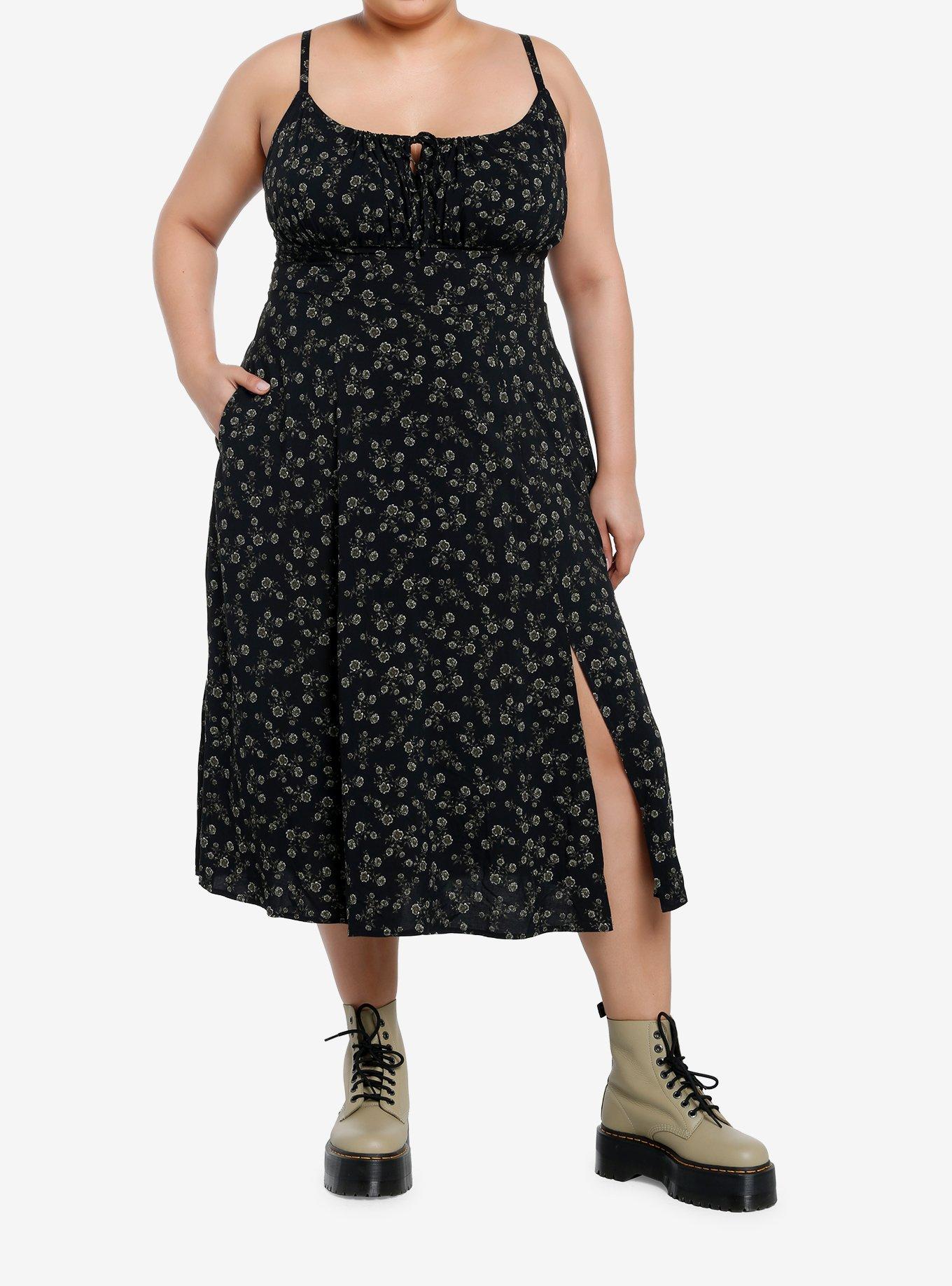 Thorn & Fable Black & Green Floral Midi Dress Plus Size, , hi-res