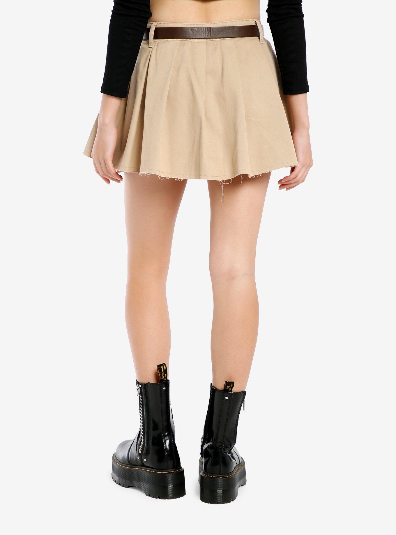 Social Collision Khaki Belted Low-Rise Pleated Mini Skirt, BROWN, alternate