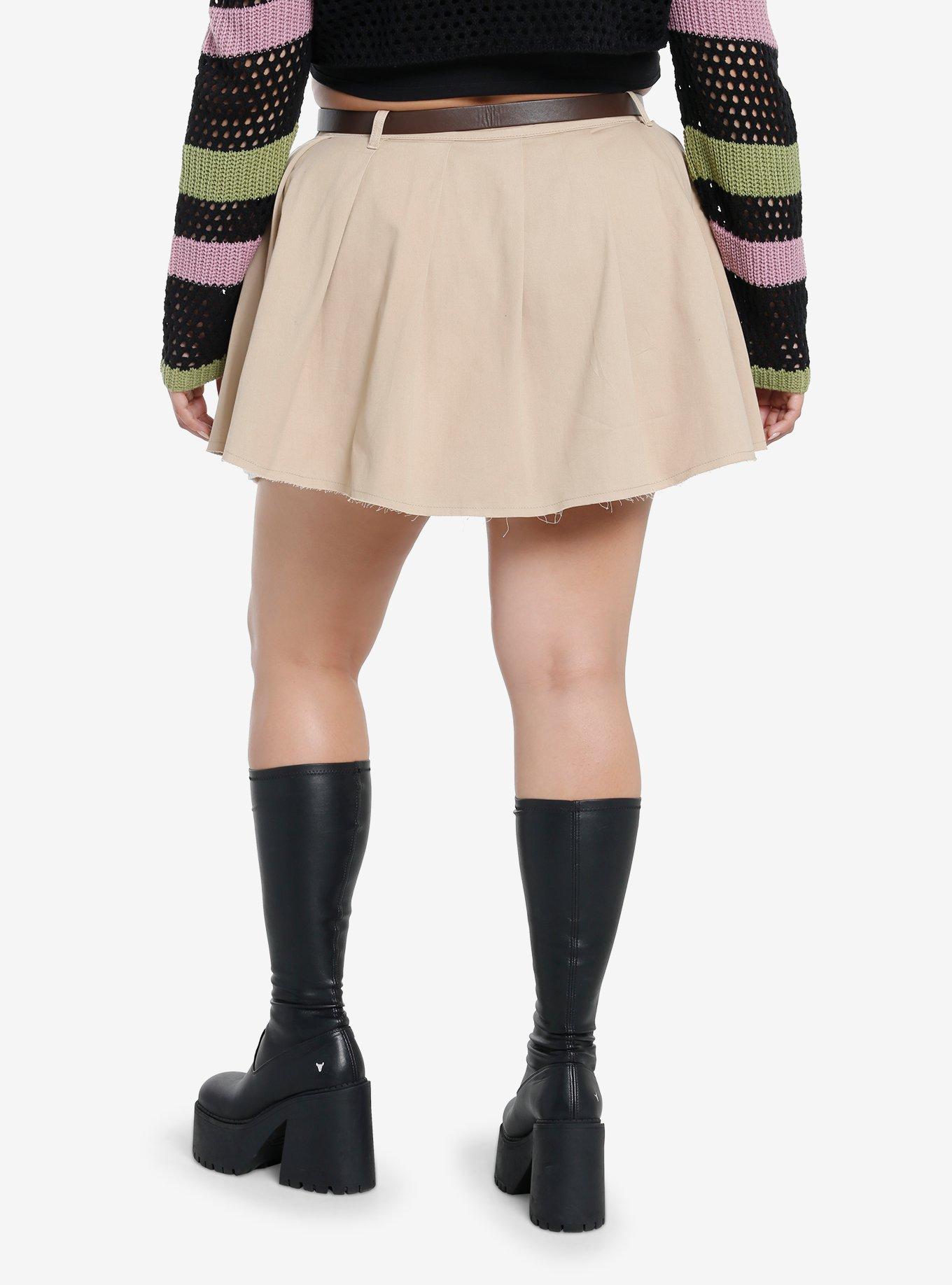 Social Collision Khaki Belted Low-Rise Pleated Mini Skirt Plus Size, , hi-res