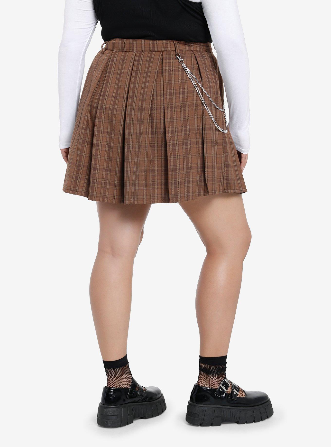 Social Collision Brown Plaid Chain Pleated Skirt Plus Size, , hi-res