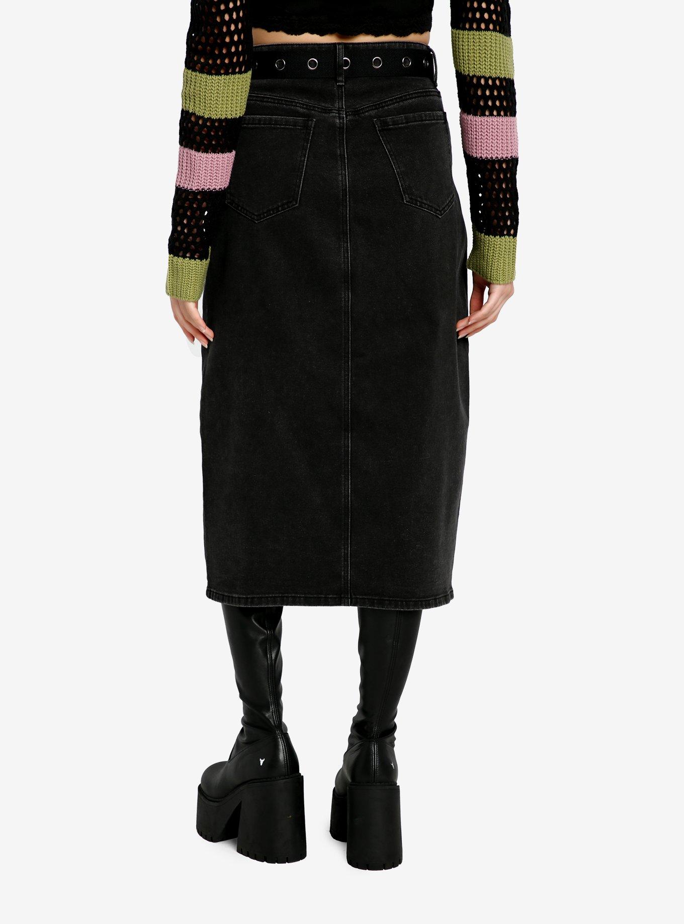 Social Collision Black Denim Belted Midi Skirt, DENIM, alternate
