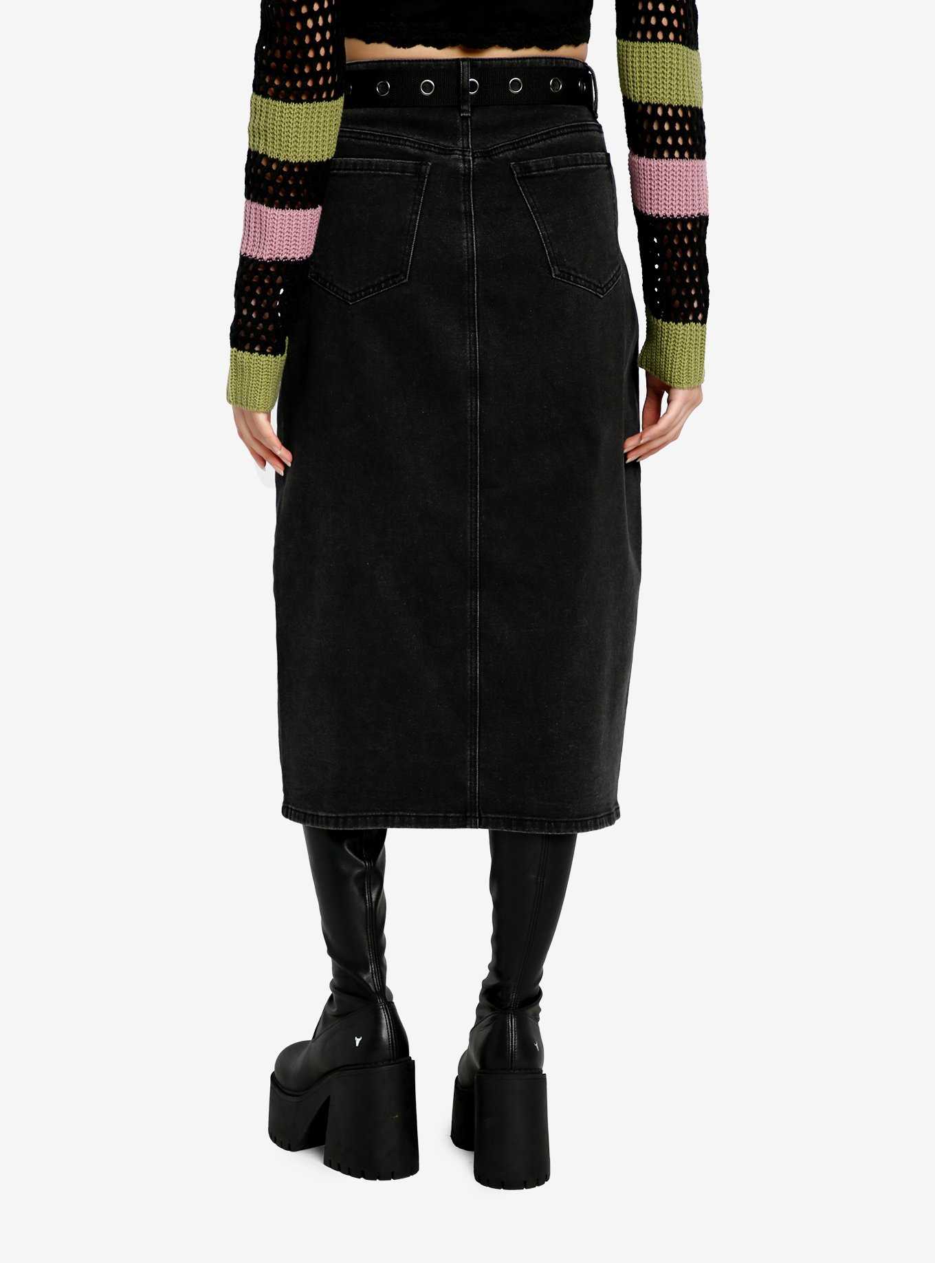 Social Collision Black Denim Belted Midi Skirt, , hi-res