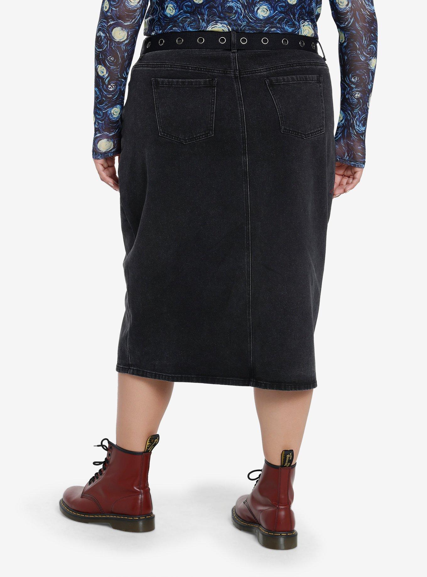 Social Collision Black Denim Belted Midi Skirt Plus Size, , hi-res