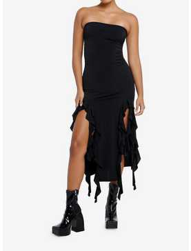 Black Ruffle Slit Strapless Maxi Dress, , hi-res
