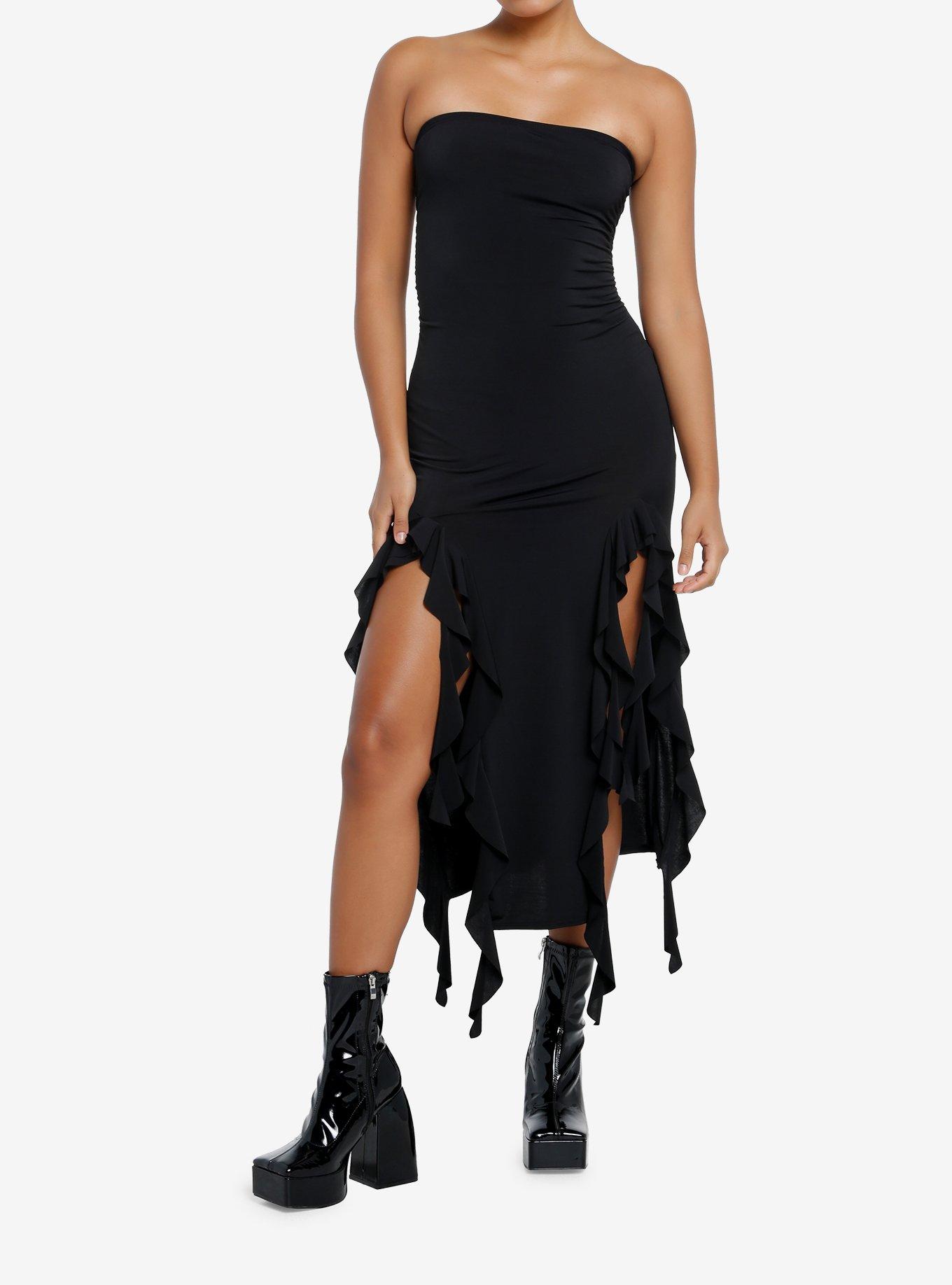Black Ruffle Slit Strapless Maxi Dress, , hi-res