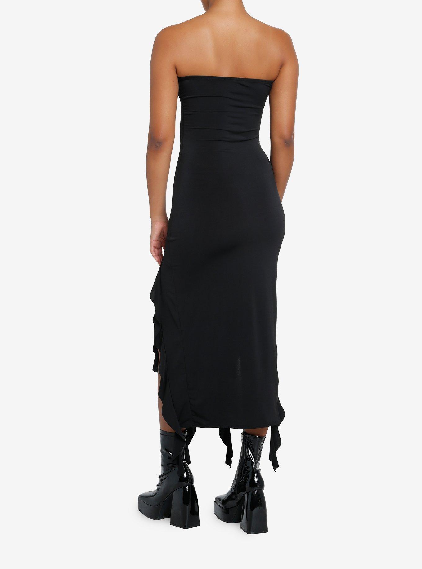 Black Ruffle Slit Strapless Maxi Dress, BLACK, alternate