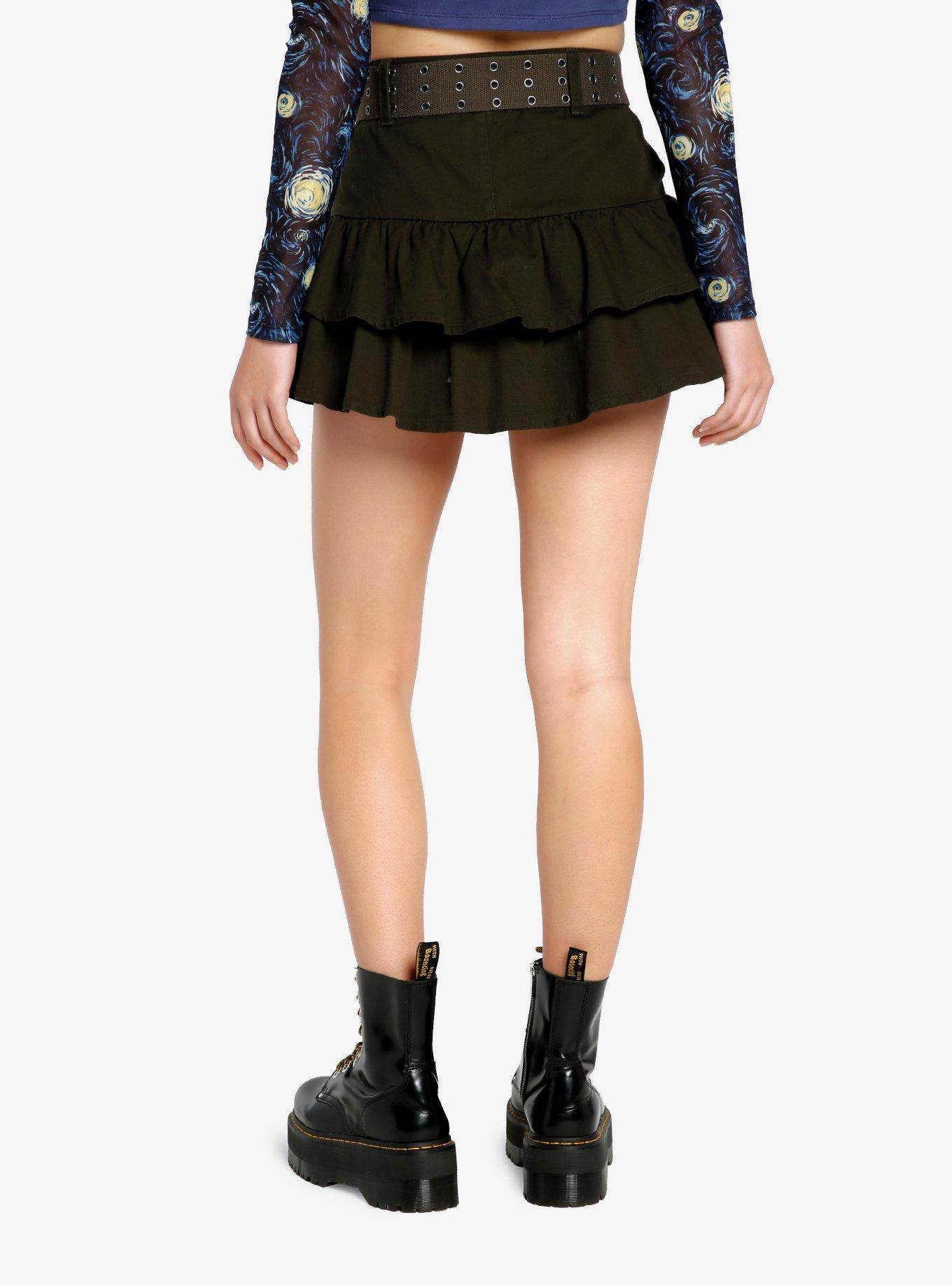 Social Collision Green Ruffle Tiered Skirt With Belt, BLACK, alternate
