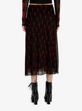 Social Collision Black & Red Dagger Mesh Midi Skirt, , hi-res