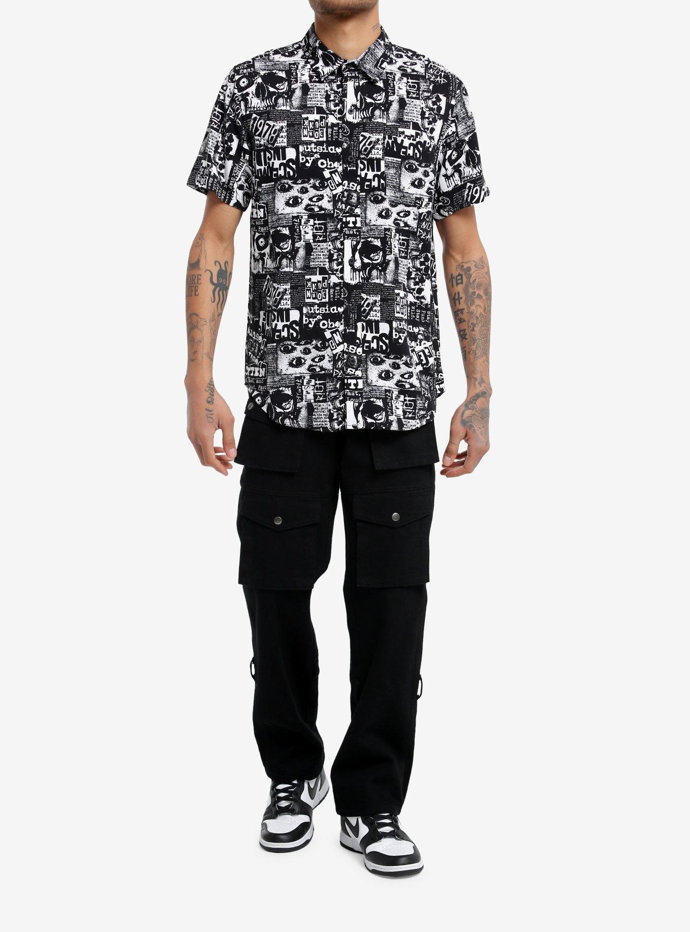 Social Collision® Goth Newsprint Woven Button-Up, , alternate