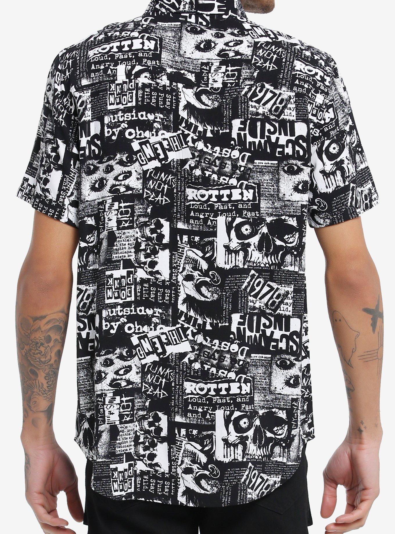 Social Collision® Goth Newsprint Woven Button-Up, , alternate