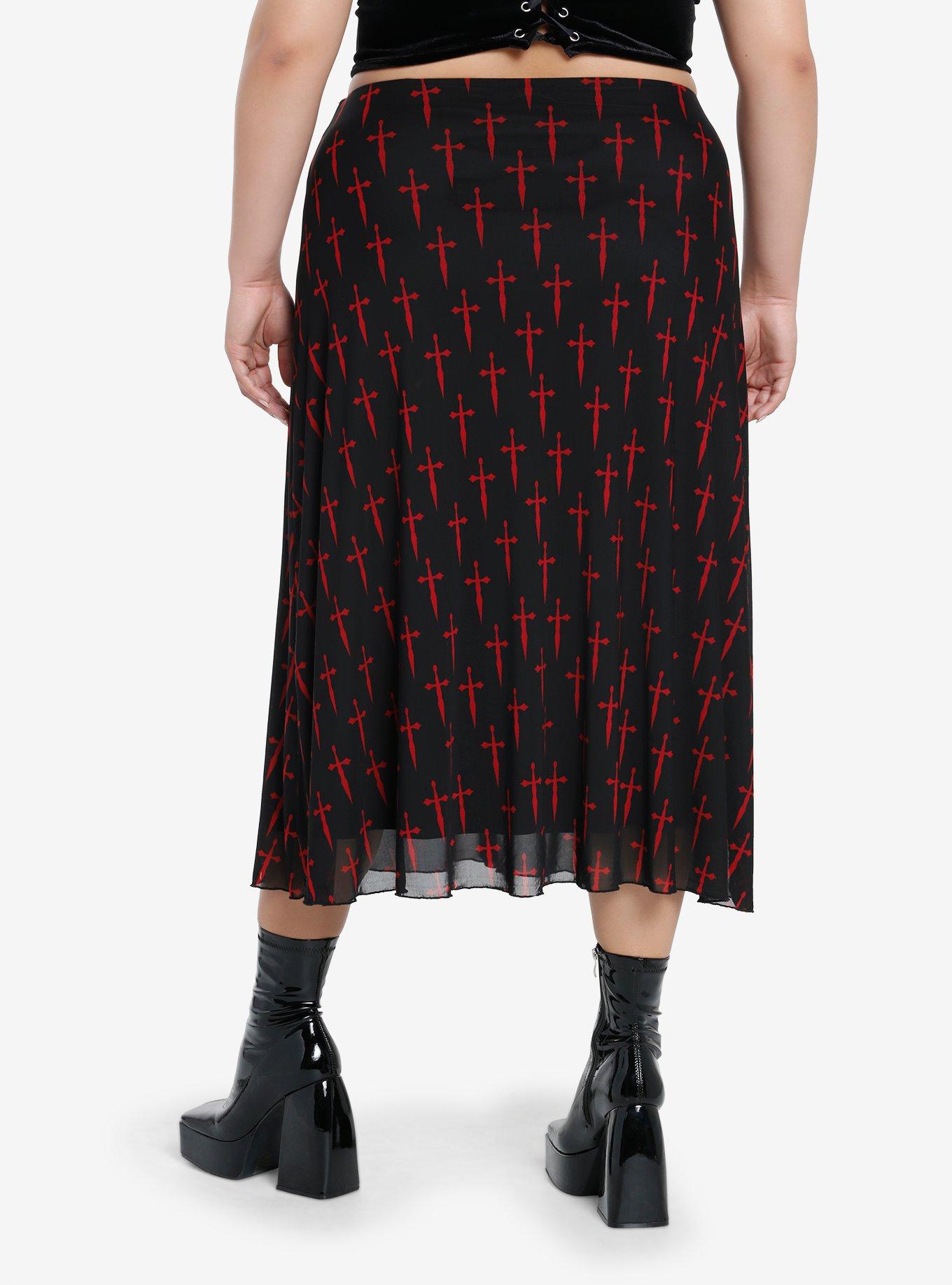 Social Collision Black & Red Dagger Mesh Midi Skirt Plus Size, RED, alternate