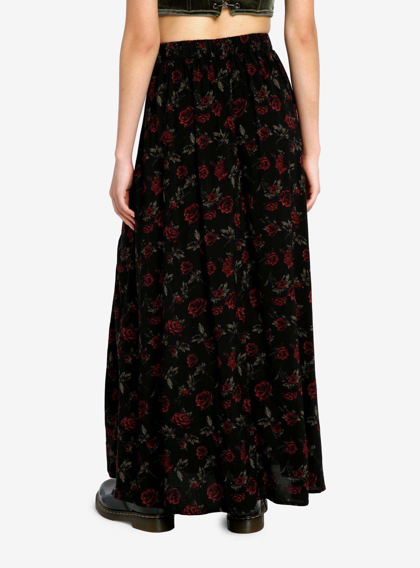 Thorn & Fable Dark Red Rose Lace-Up Maxi Skirt, RED, alternate