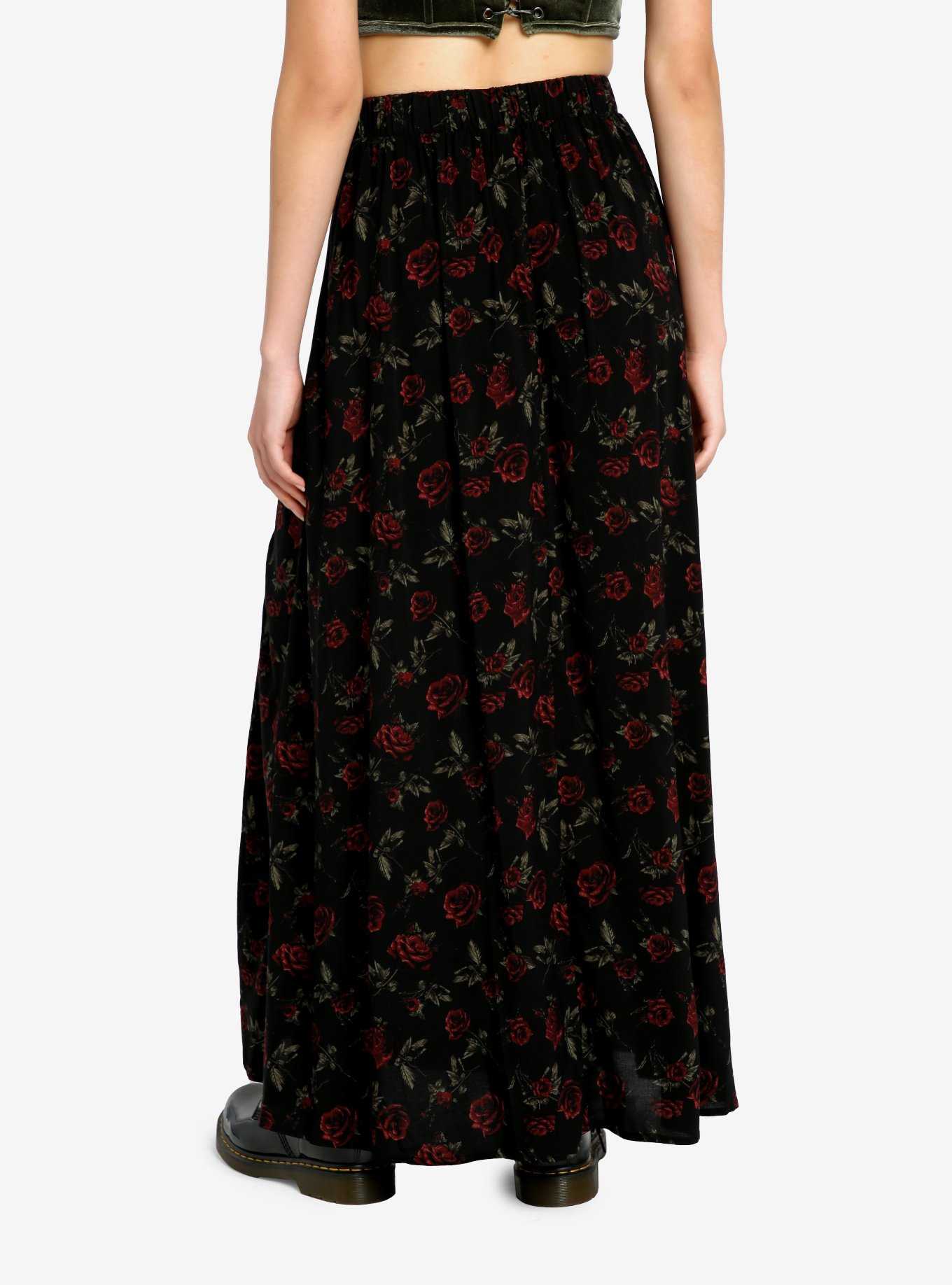 Thorn & Fable Dark Red Rose Lace-Up Maxi Skirt, , hi-res