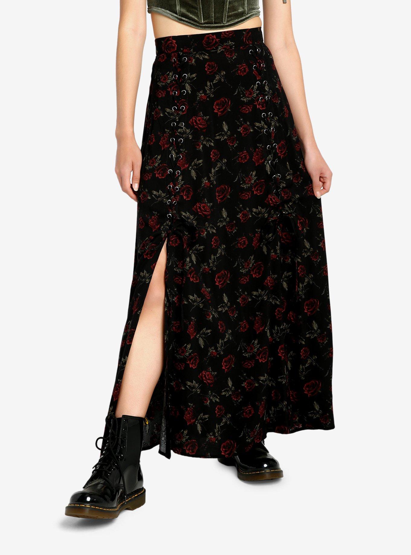 Thorn & Fable Dark Red Rose Lace-Up Maxi Skirt, RED, alternate