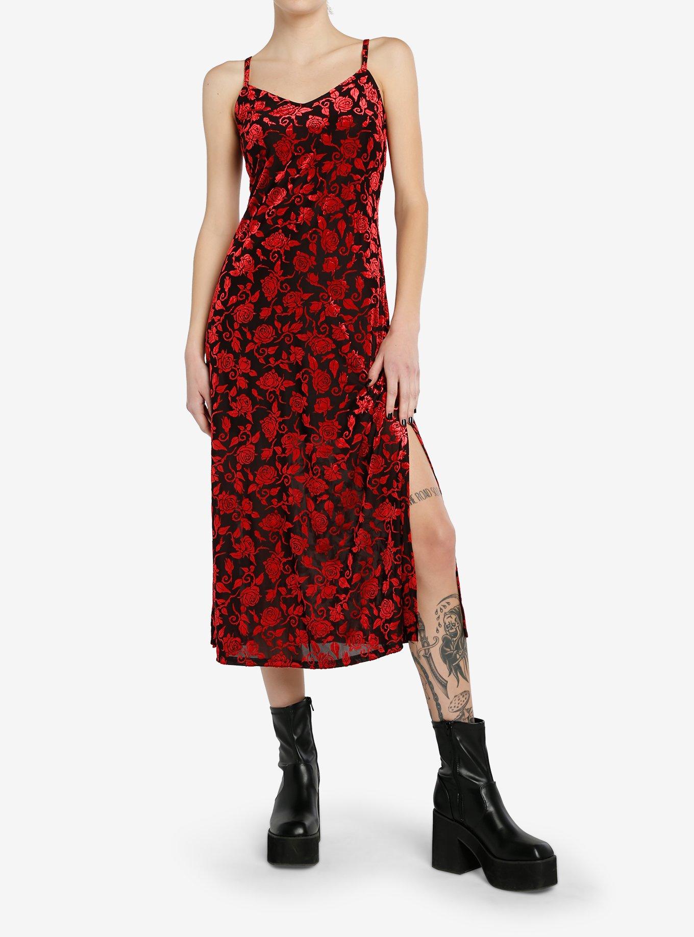 Social Collision Black & Red Roses Velvet Midaxi Dress, BLACK, alternate