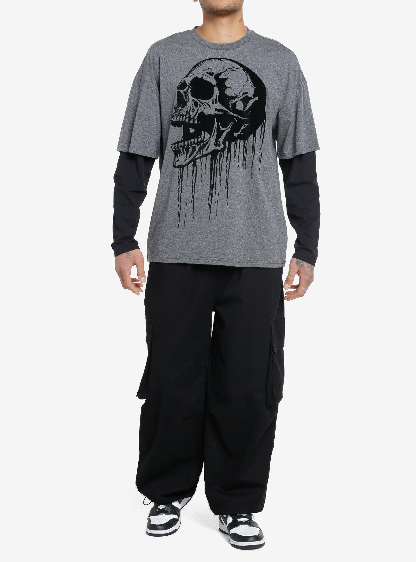 Social Collision® Dripping Skull Flocked Twofer Long-Sleeve T-Shirt, GREY, alternate