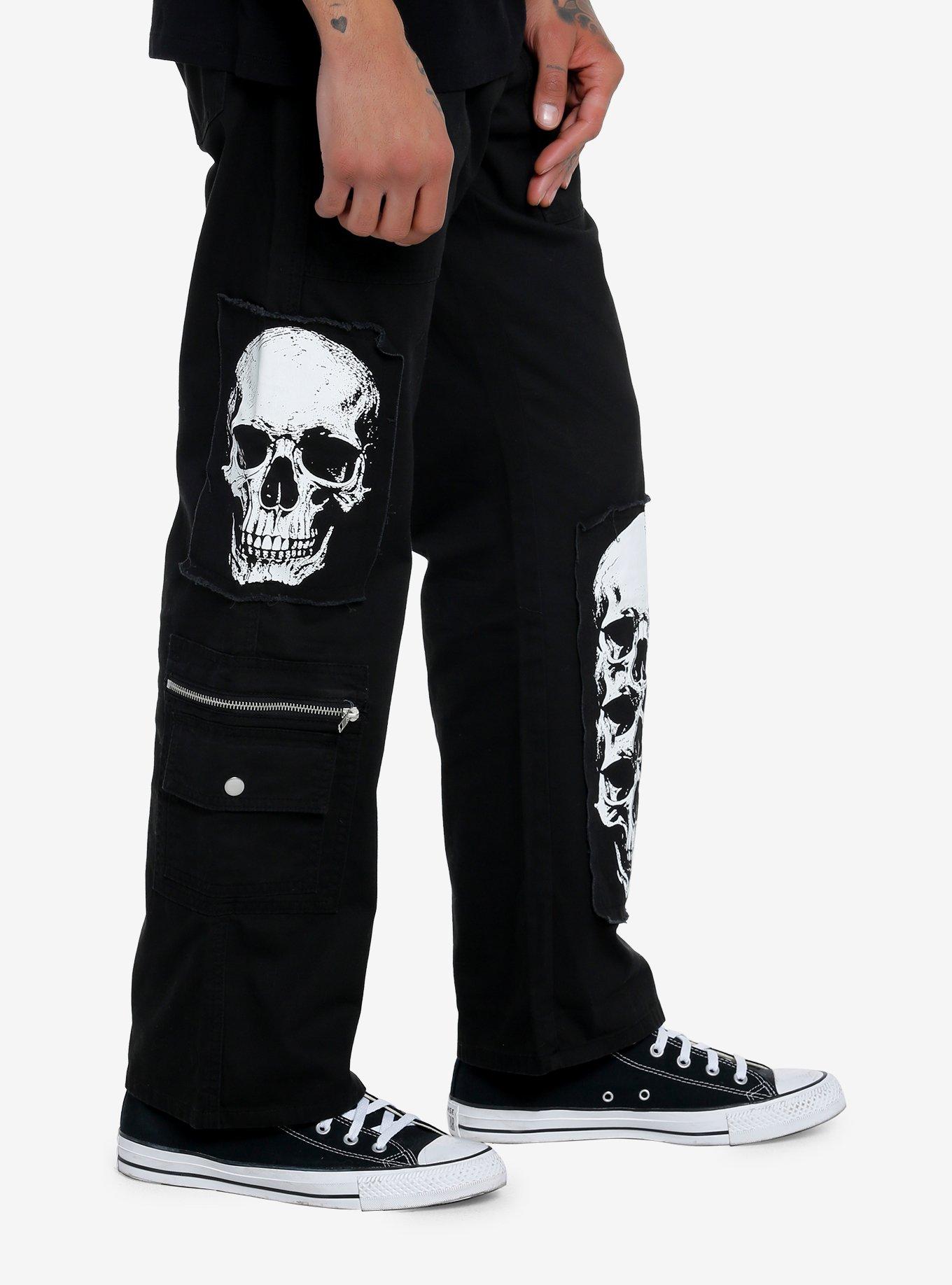 Black Skull Patch Carpenter Pants, , alternate