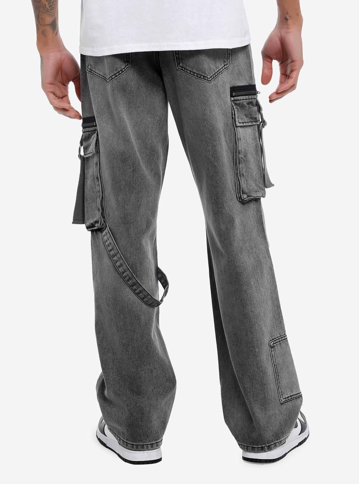 Black Distressed Cargo Denim Pants, BLACK, alternate