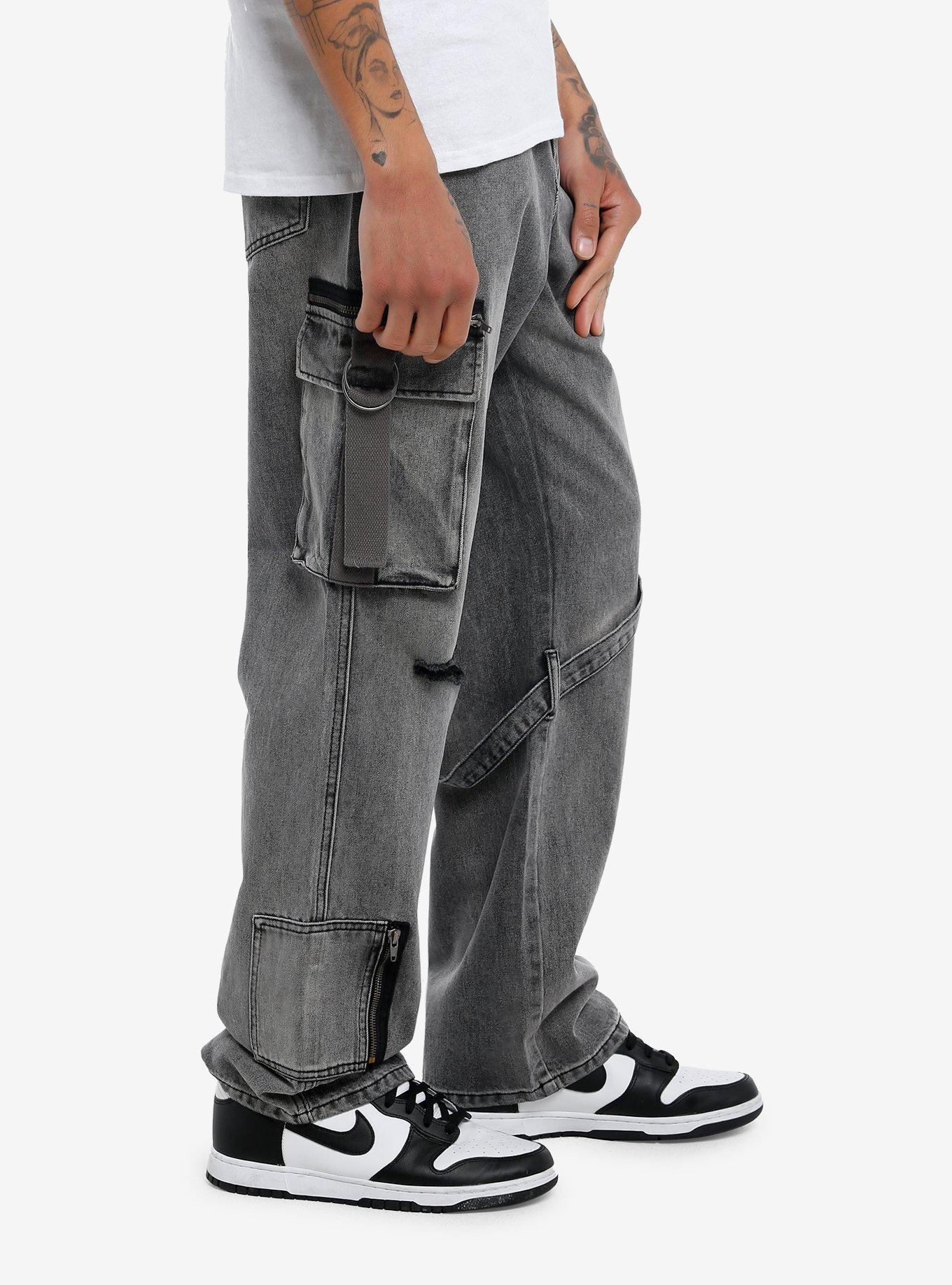 Black Distressed Cargo Denim Pants, BLACK, alternate