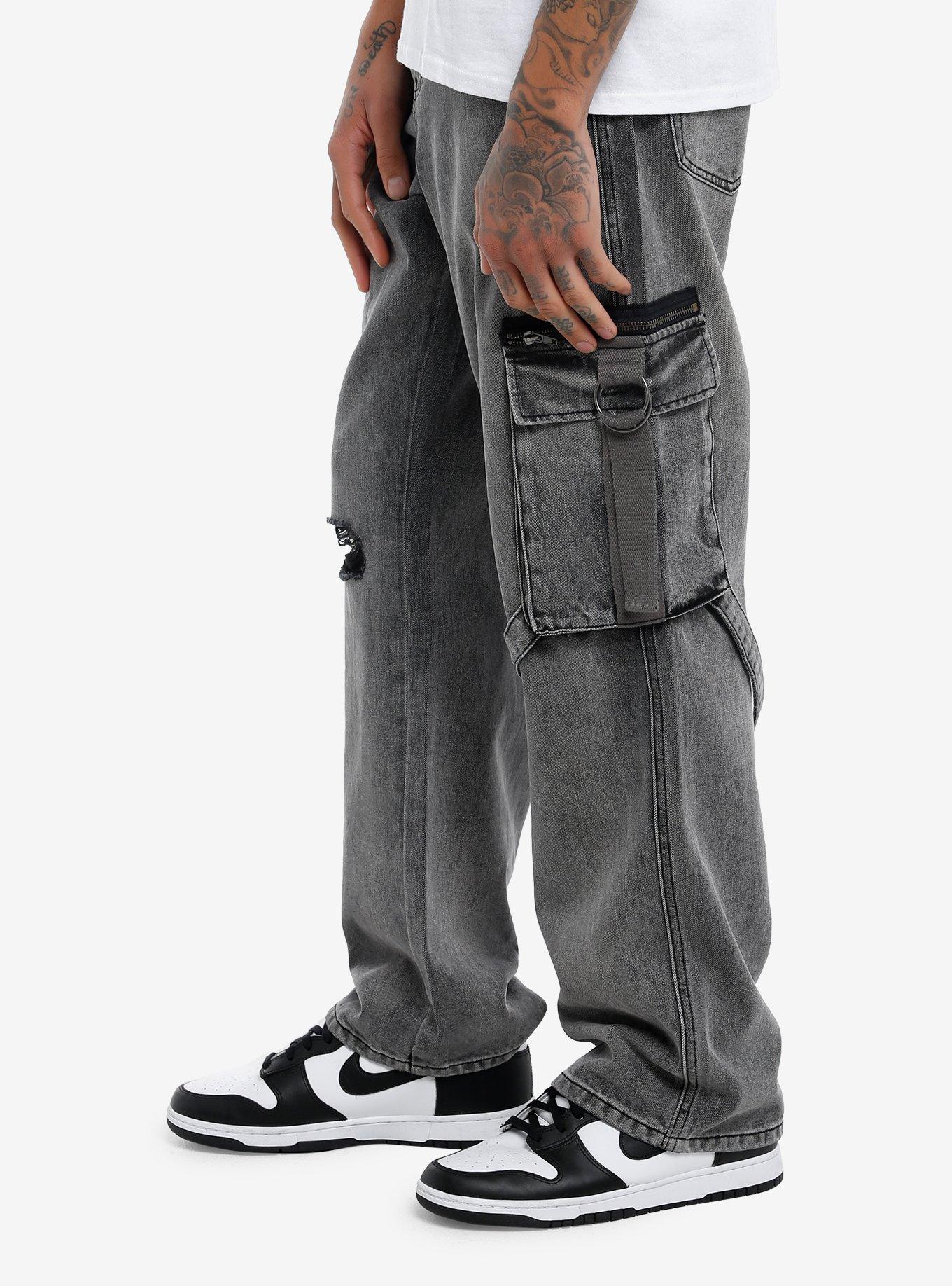 Black Distressed Cargo Denim Pants, BLACK, alternate
