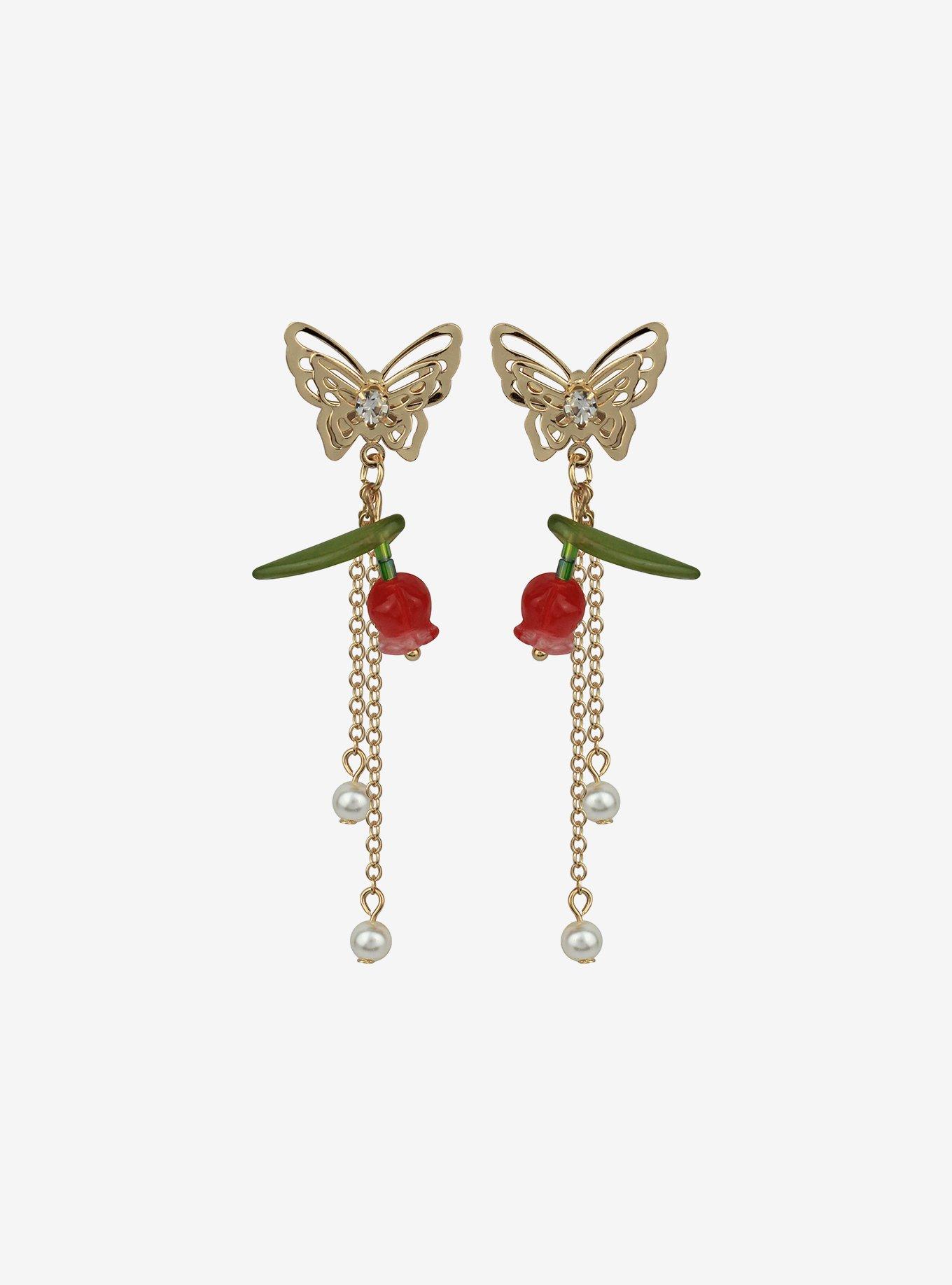 Thorn & Fable Butterfly Flower Drop Earrings, , hi-res