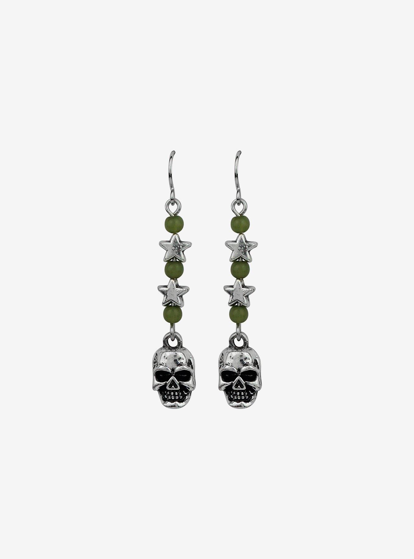 Green Bead Skull Drop Earrings