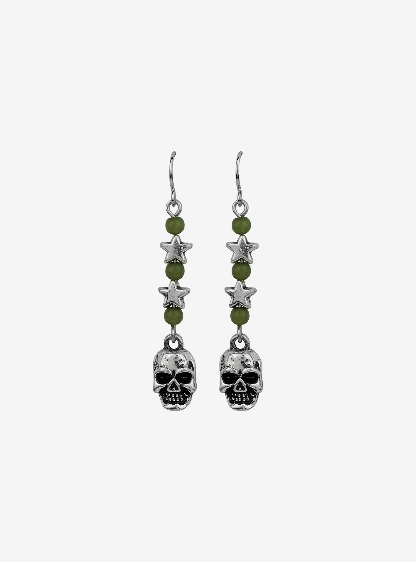 Green Bead Skull Drop Earrings, , alternate