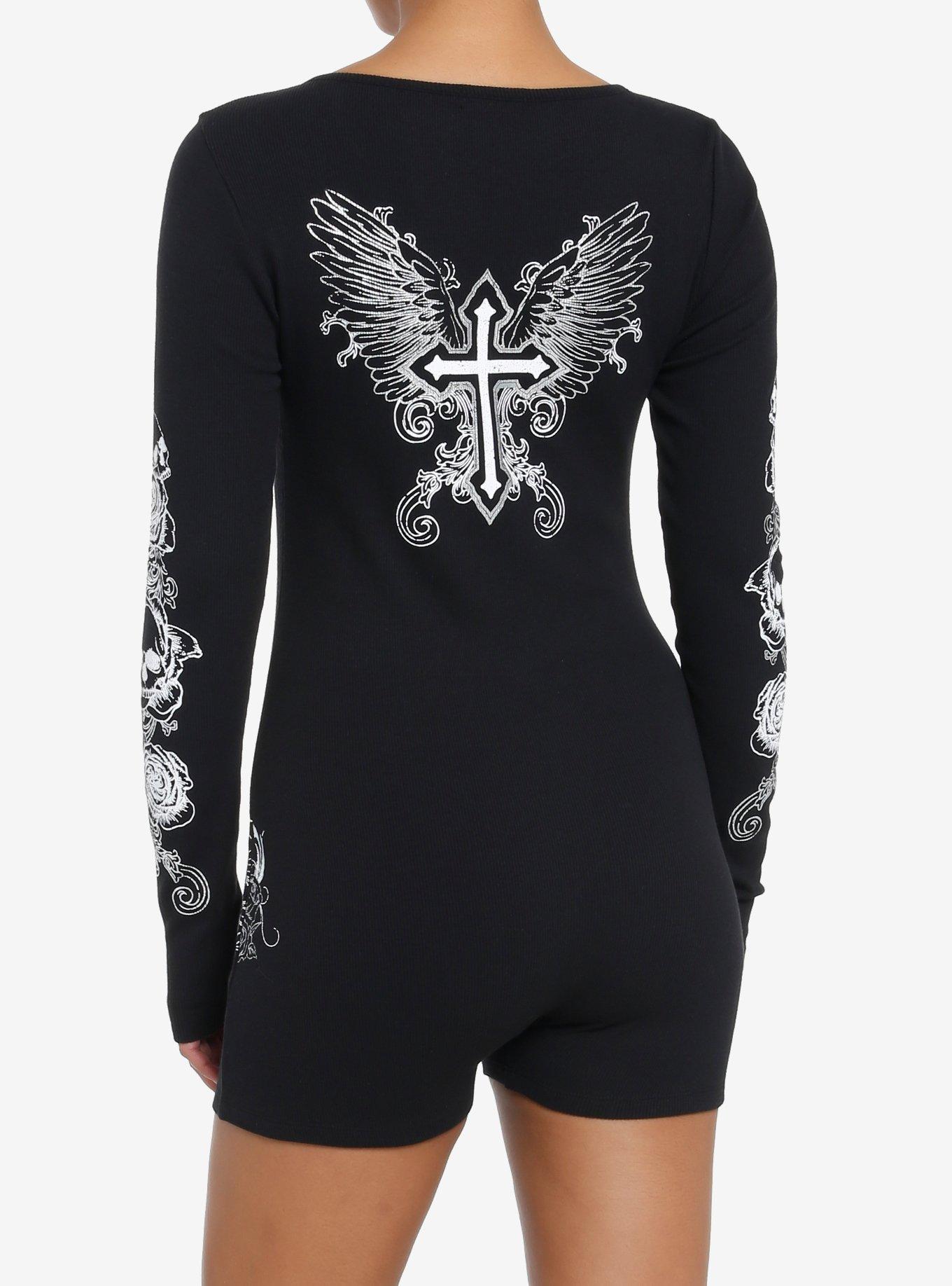 Social Collision Skulls & Crosses Ribbed Romper, BLACK, alternate