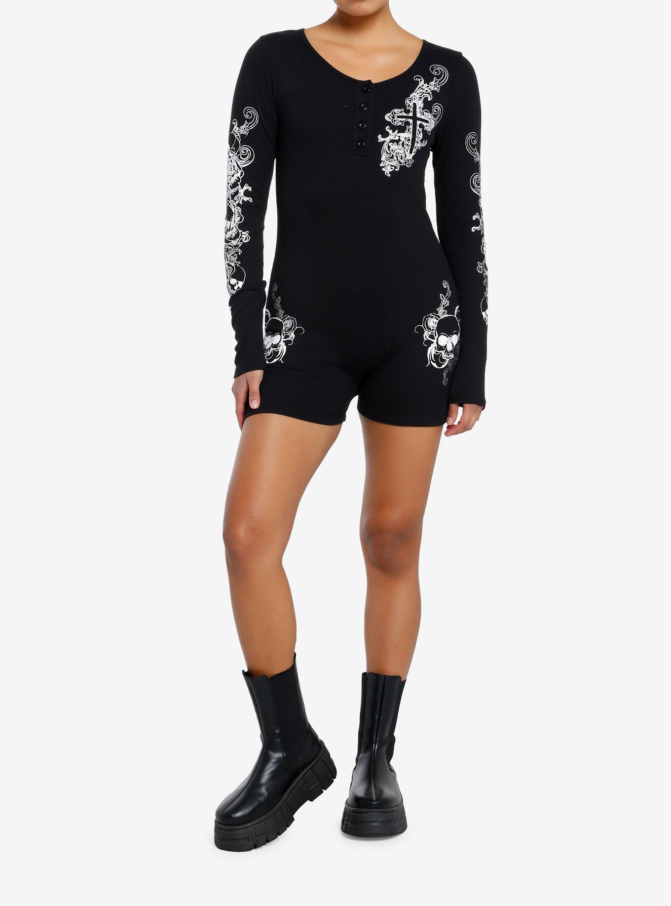 Skulls & Crosses Ribbed Romper, BLACK, alternate