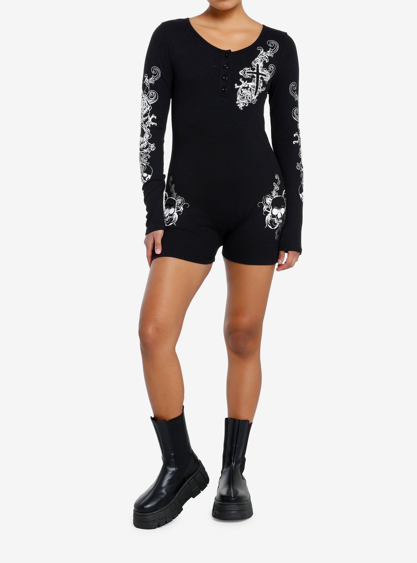 Social Collision Skulls & Crosses Ribbed Romper, BLACK, alternate