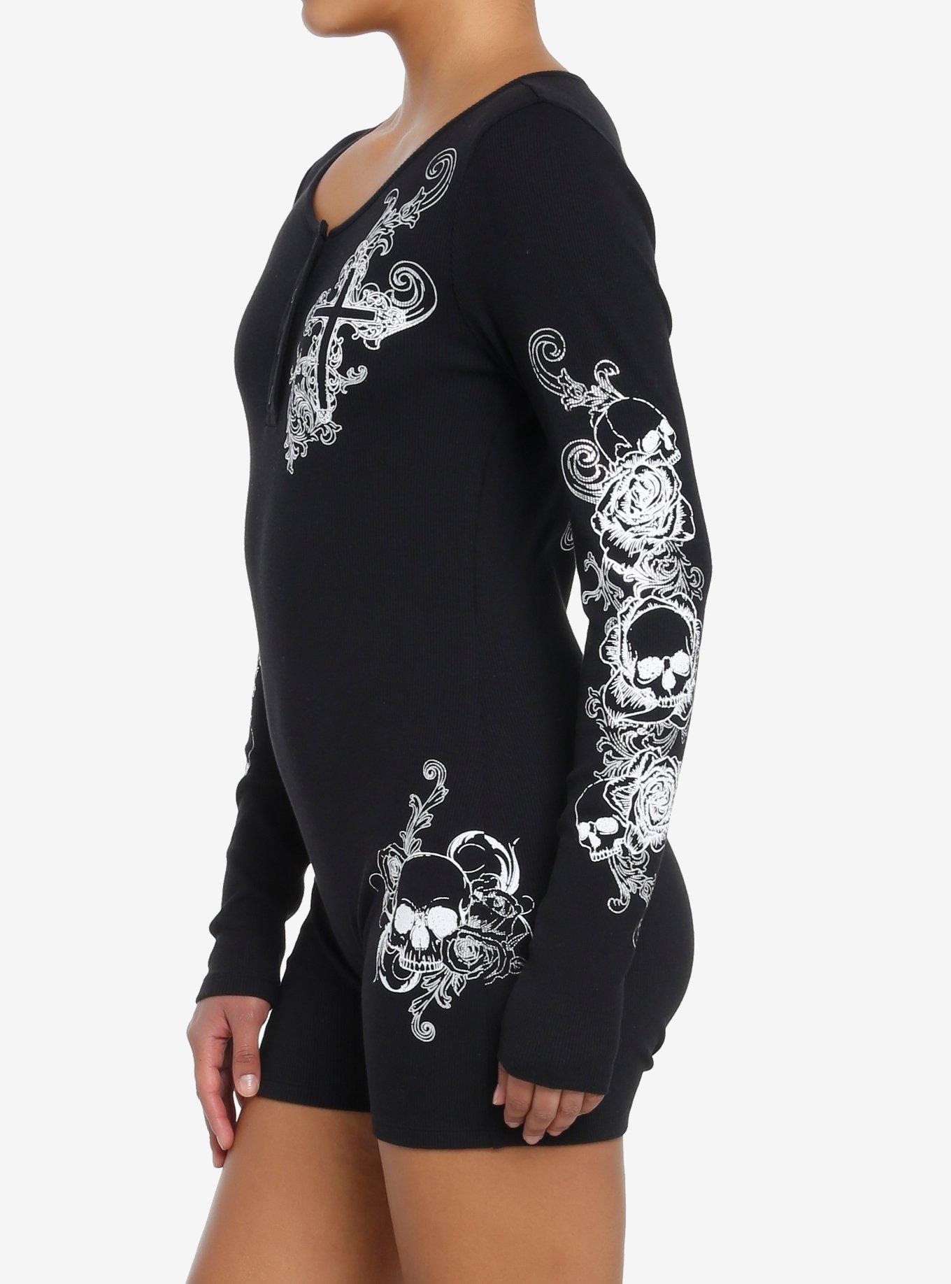 Skulls & Crosses Ribbed Romper, BLACK, alternate