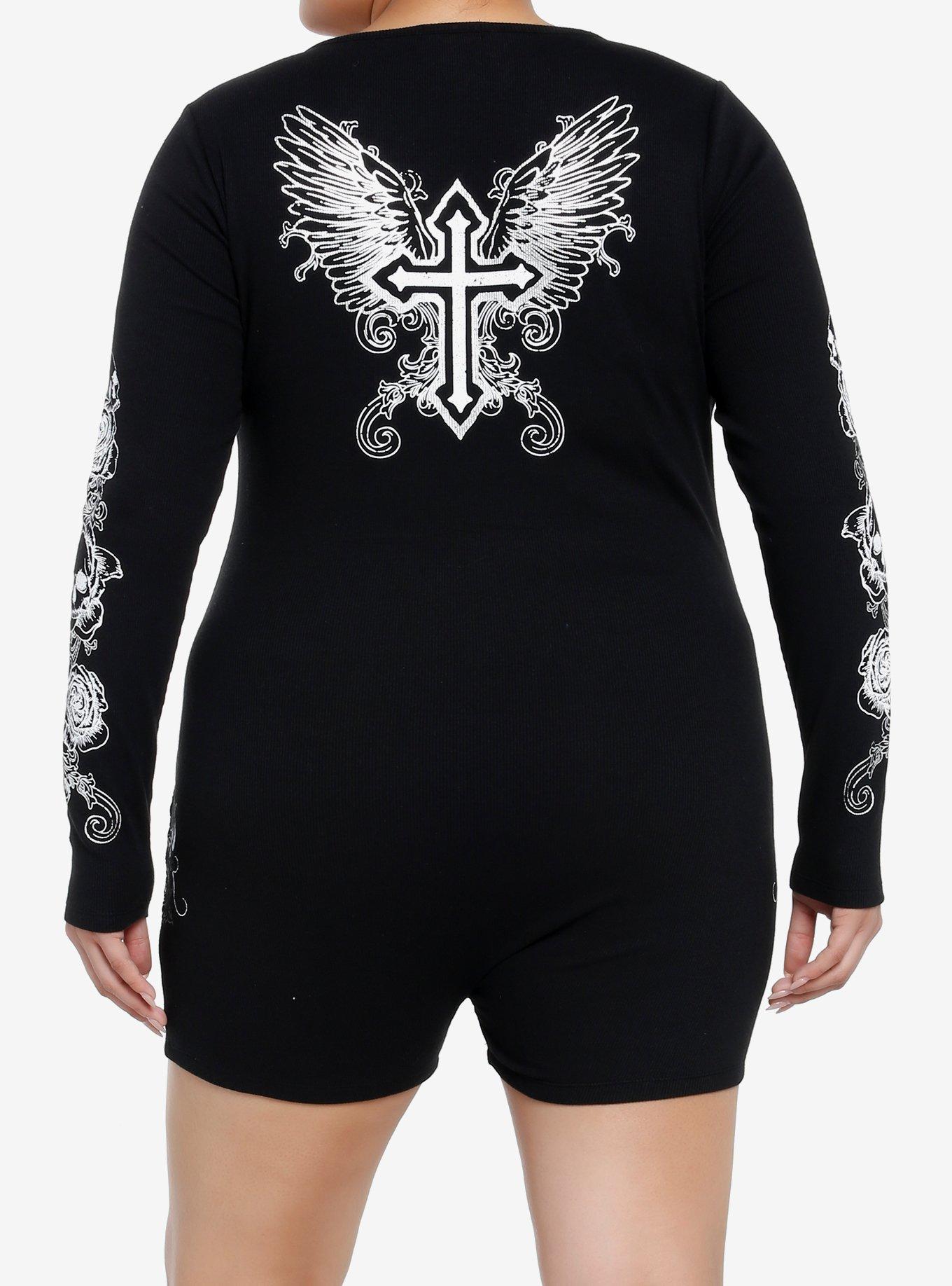 Skulls & Crosses Ribbed Romper Plus Size, , hi-res