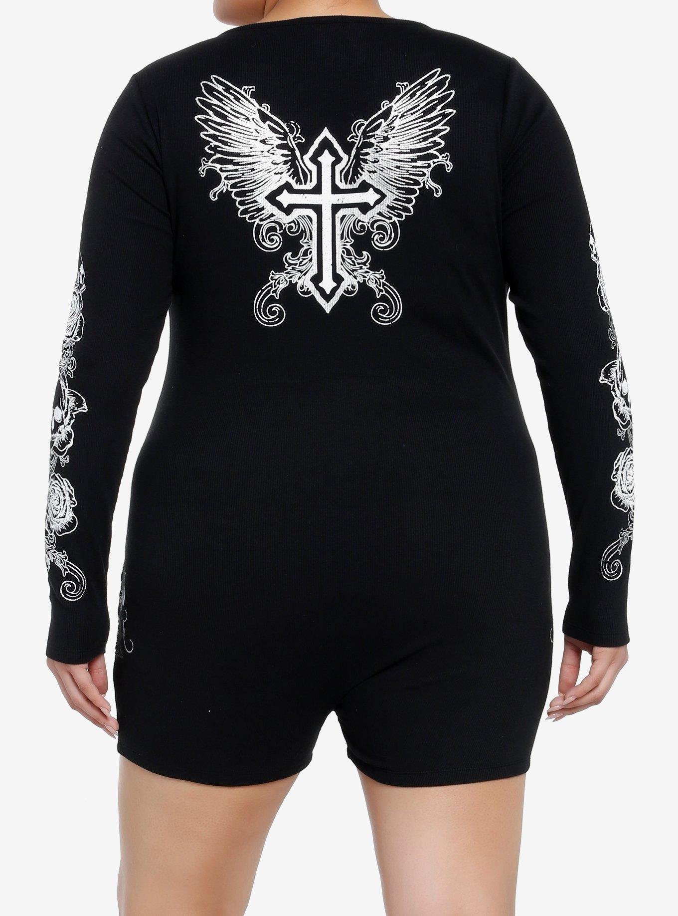 Social Collision Skulls & Crosses Ribbed Romper Plus Size, BLACK, alternate