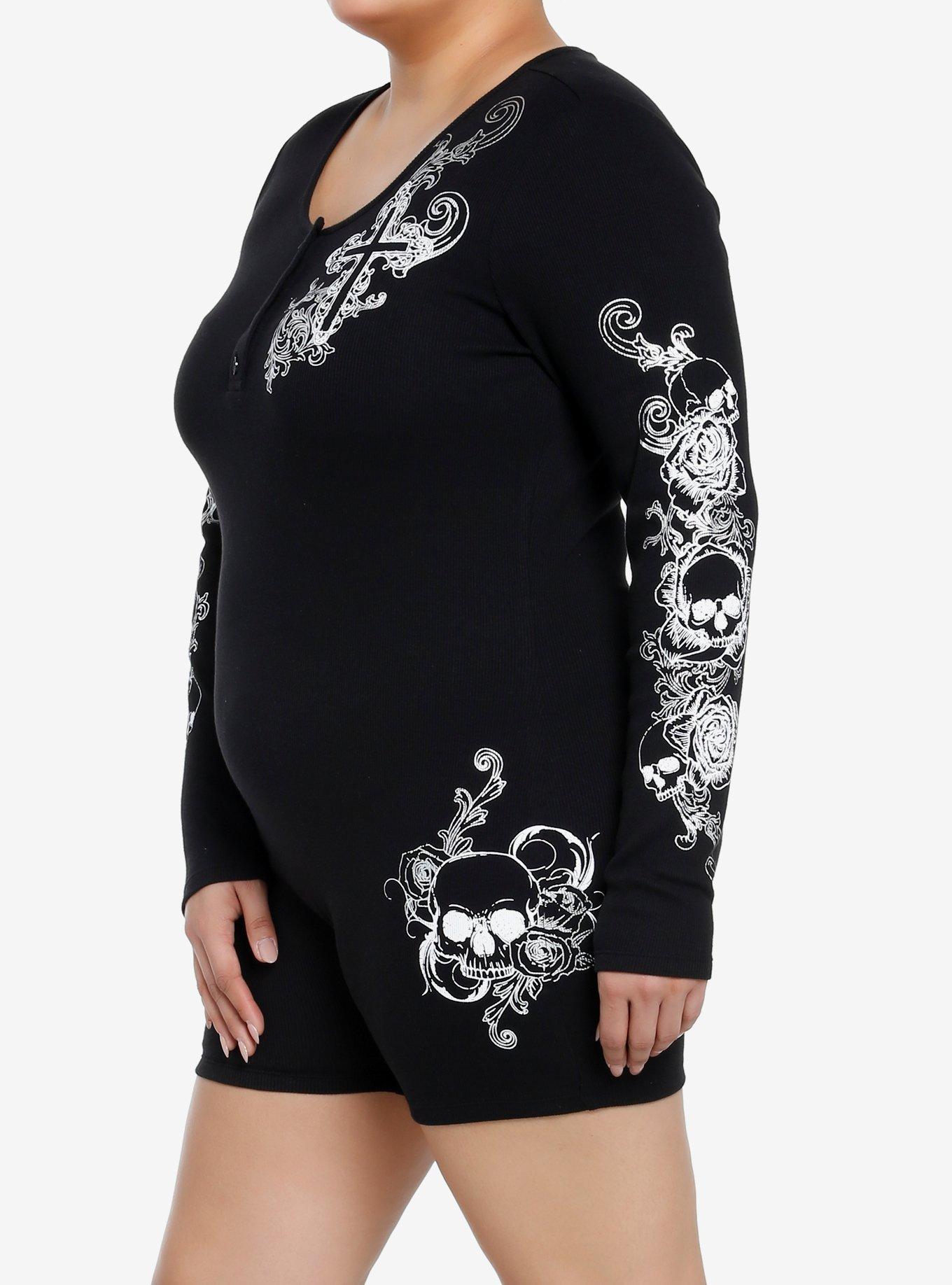 Skulls & Crosses Ribbed Romper Plus Size, BLACK, alternate
