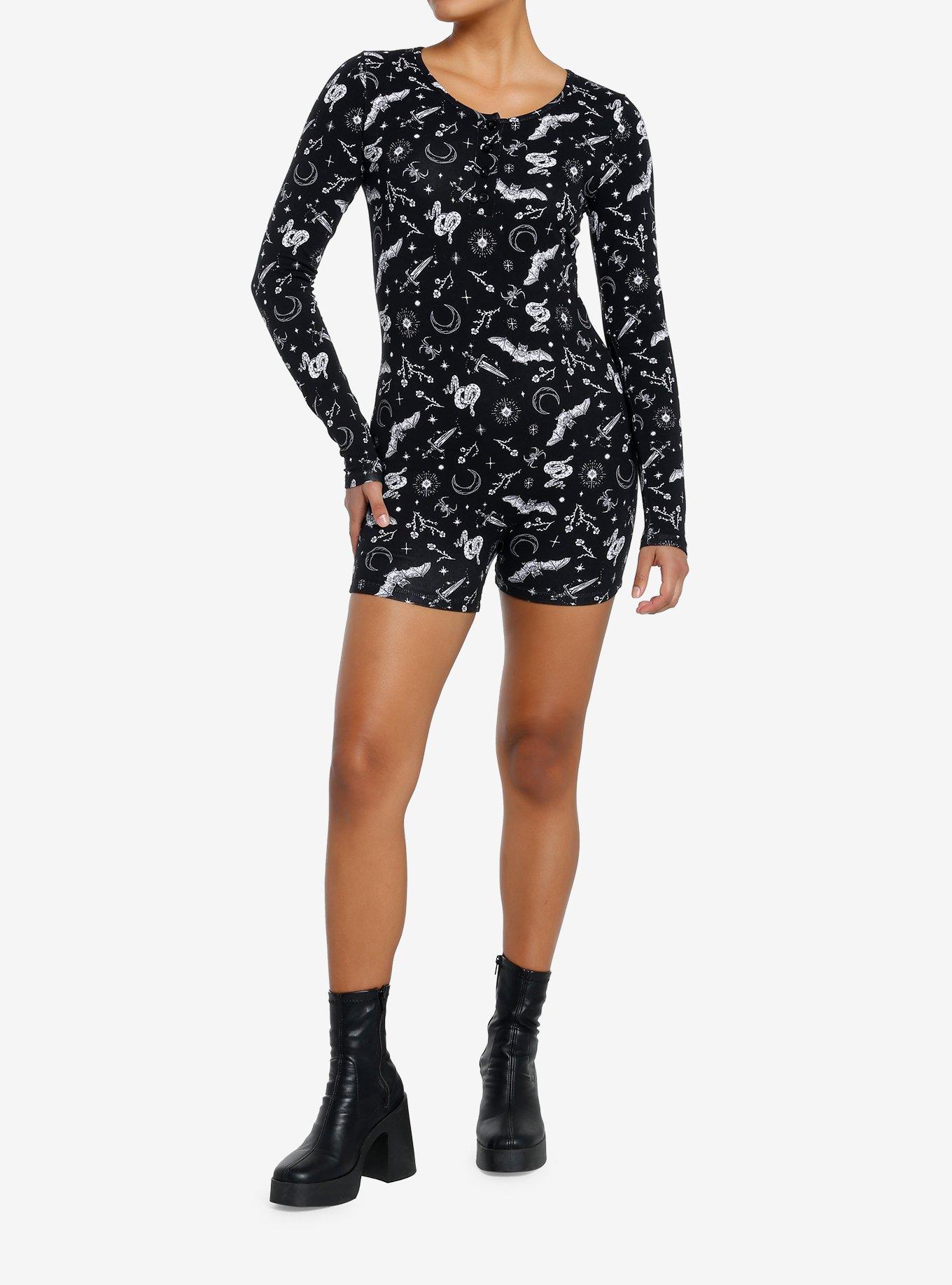 Cosmic Aura Bats & Snakes Long-Sleeve Romper, BLACK, alternate