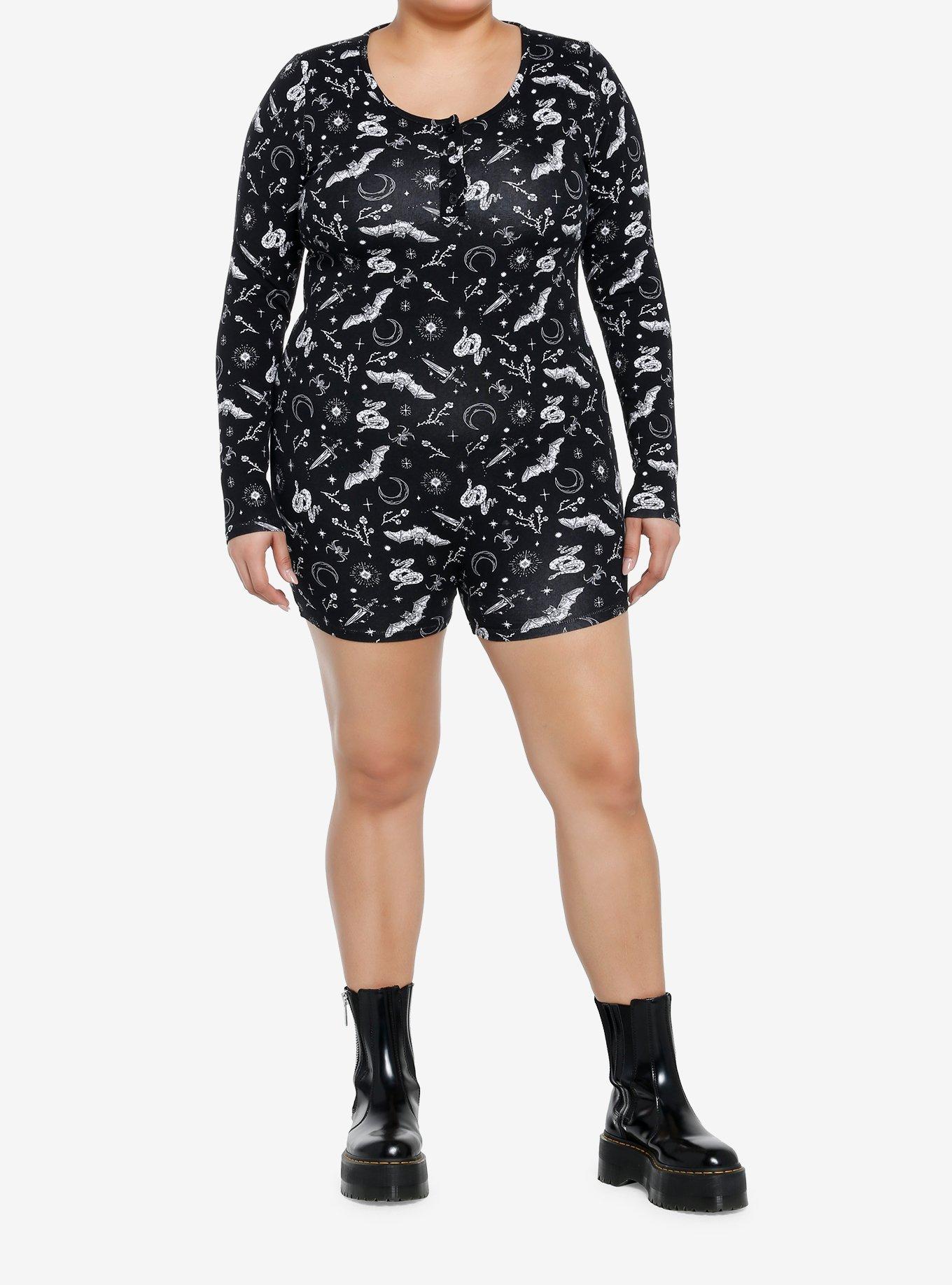 Cosmic Aura Bats & Snakes Long-Sleeve Romper Plus Size, BLACK, alternate