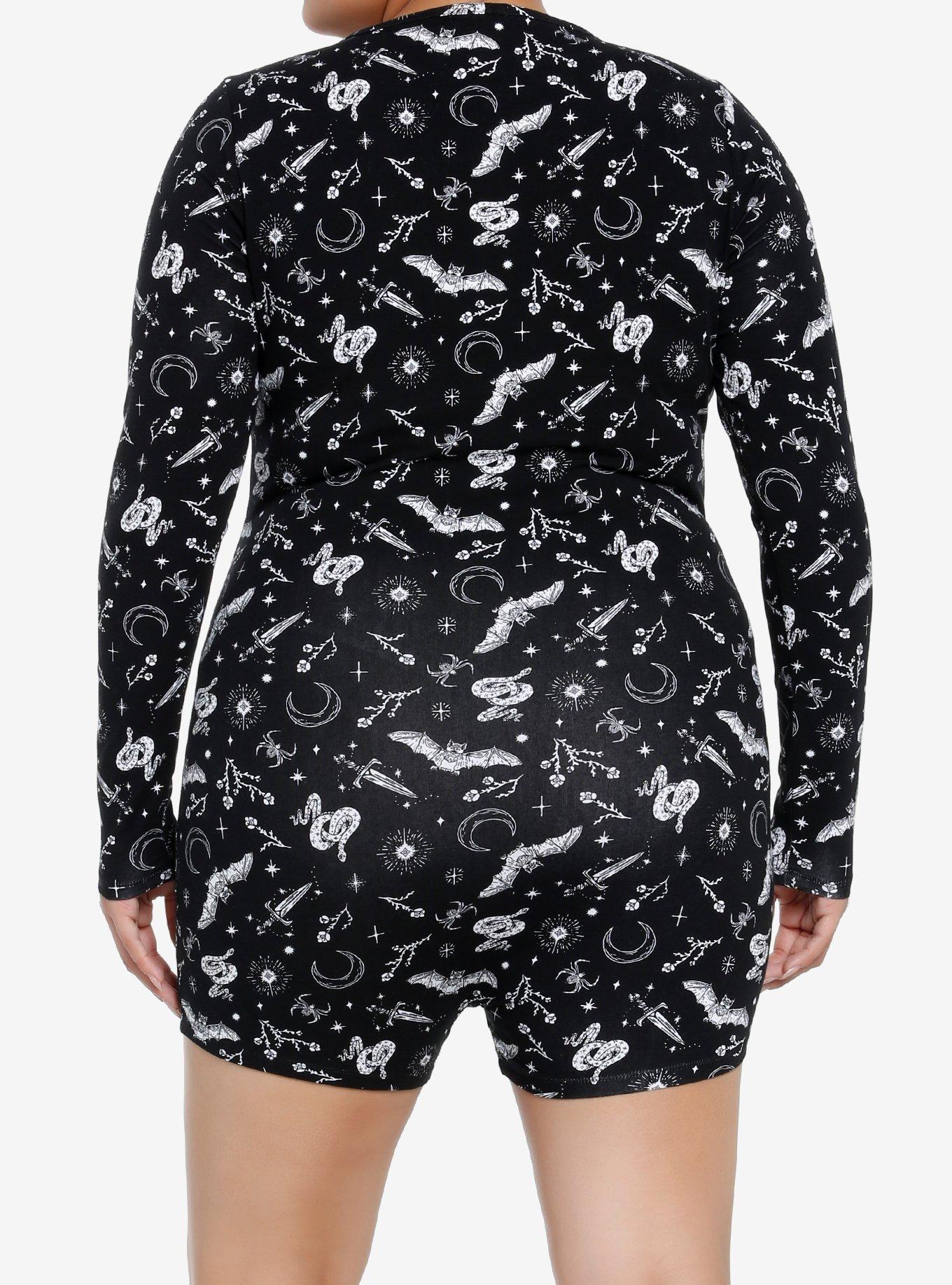 Cosmic Aura Bats & Snakes Long-Sleeve Romper Plus Size, BLACK, alternate