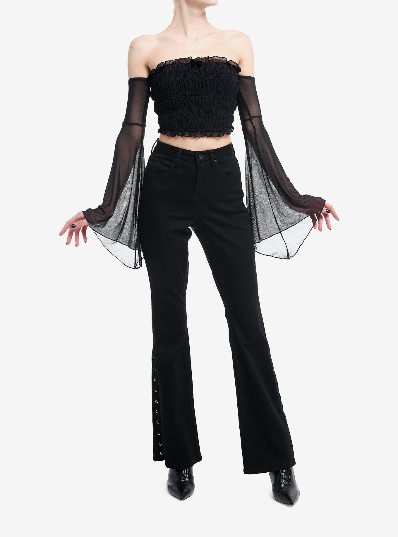 Cosmic Aura Black Mesh Bow Girls Cold Shoulder Crop Top, BLACK, alternate