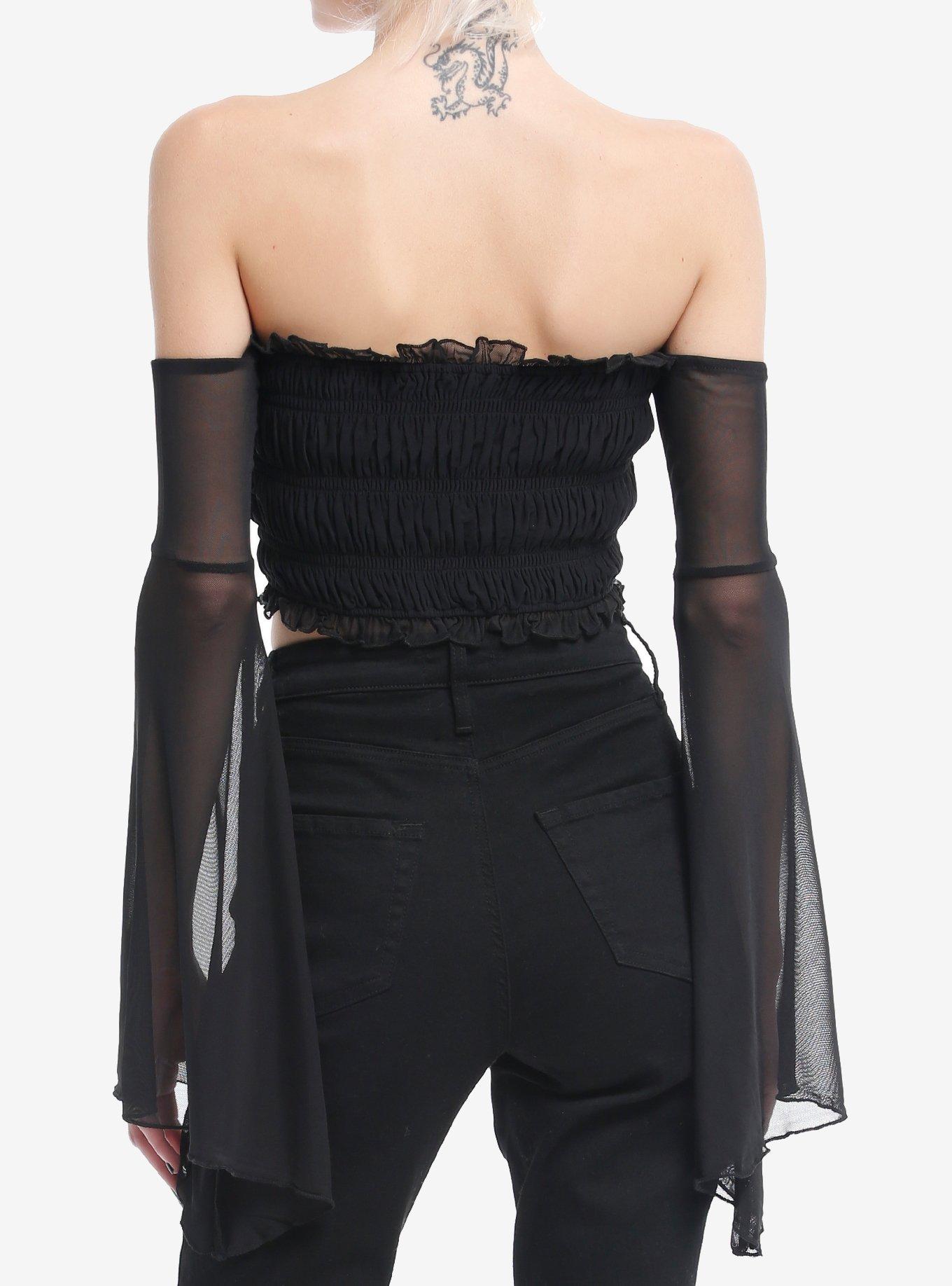 Cosmic Aura Black Mesh Bow Girls Cold Shoulder Crop Top, BLACK, alternate