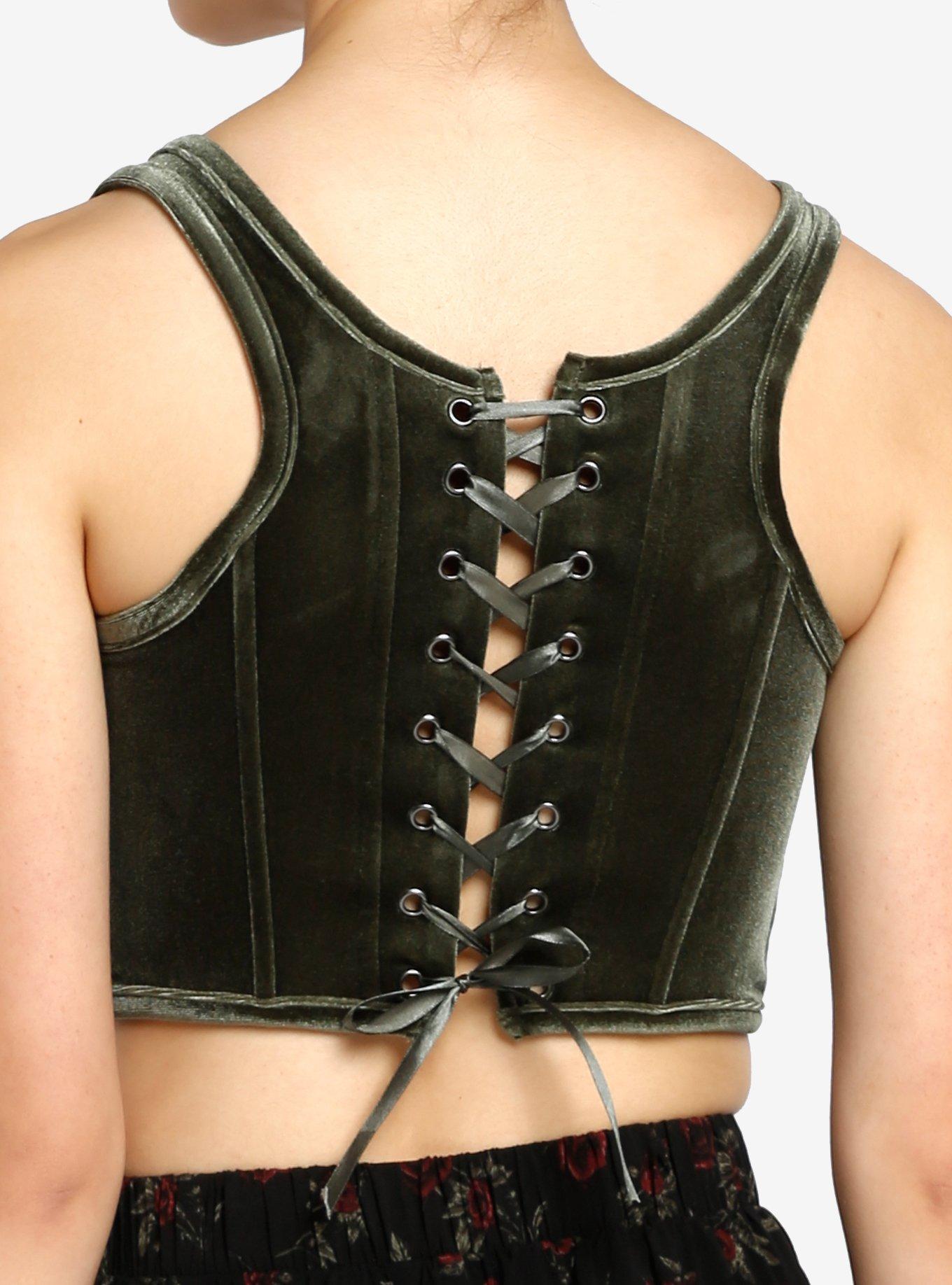 Thorn & Fable Green Velvet Girls Crop Corset Top, , hi-res