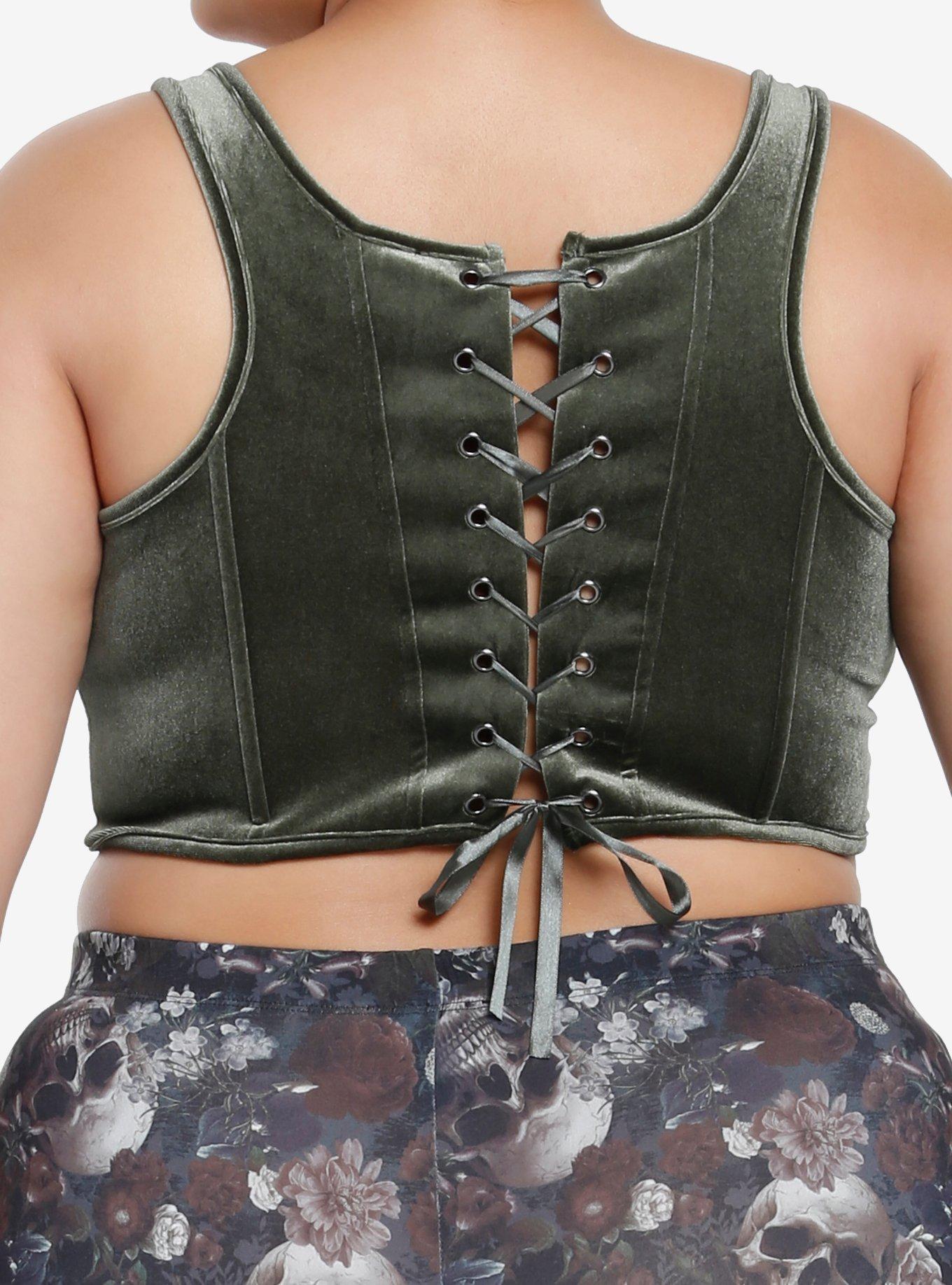 Thorn & Fable Green Velvet Girls Crop Corset Top Plus Size, GREY, alternate