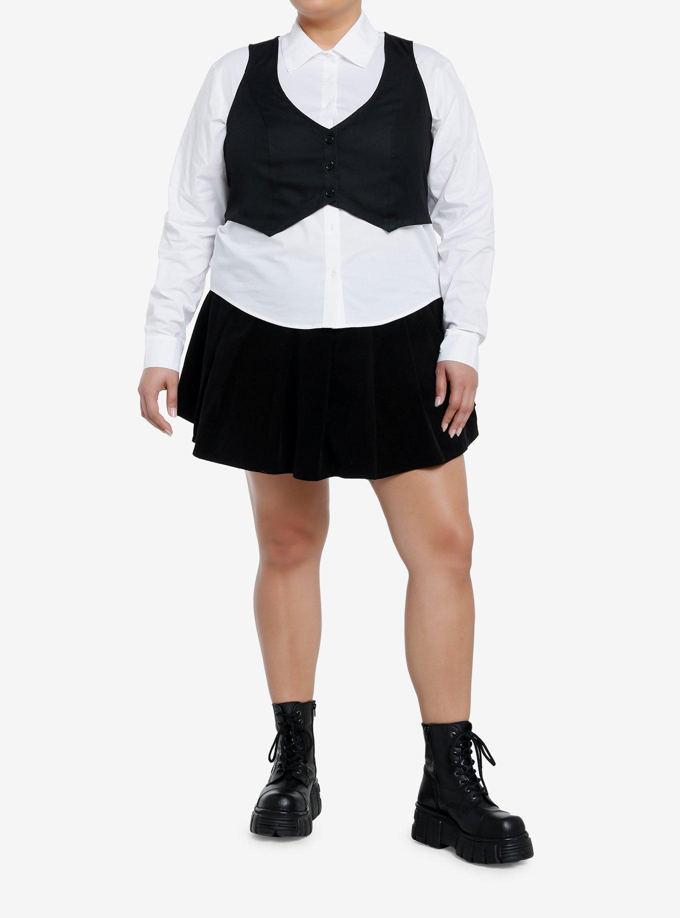 Social Collision Black Vest Girls Woven Button-Up Twofer Plus Size, , hi-res