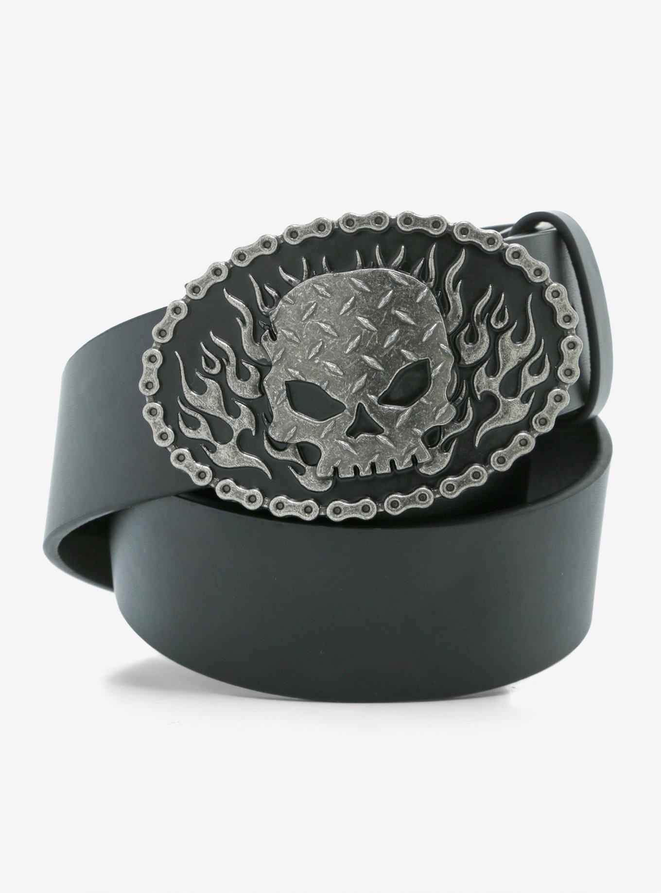 Flame Skull Single Belt Buckle, , alternate